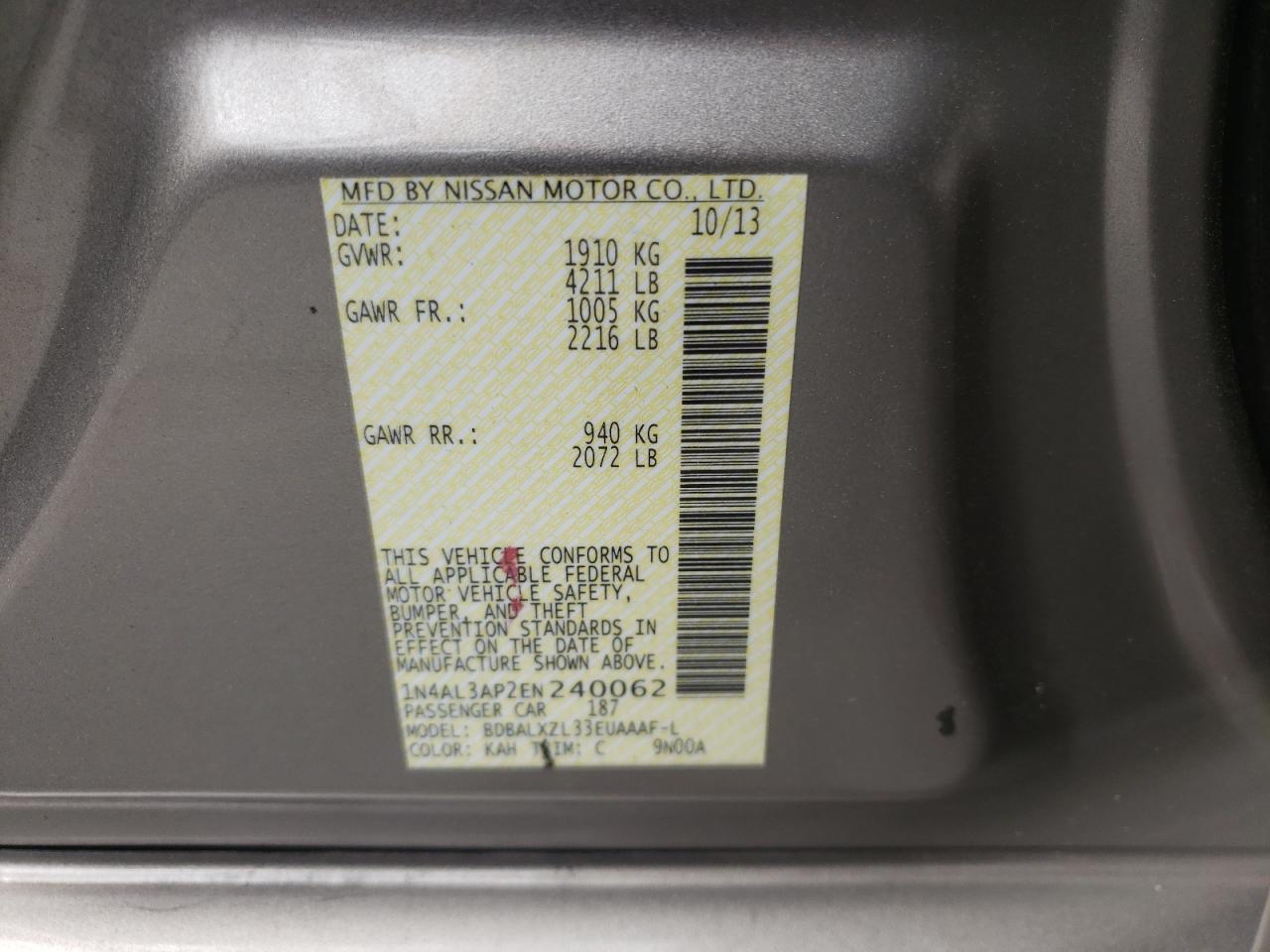 Photo 10 from auction – 2014 NISSAN ALTIMA 2.5 with VIN 1N4AL3AP2EN240062