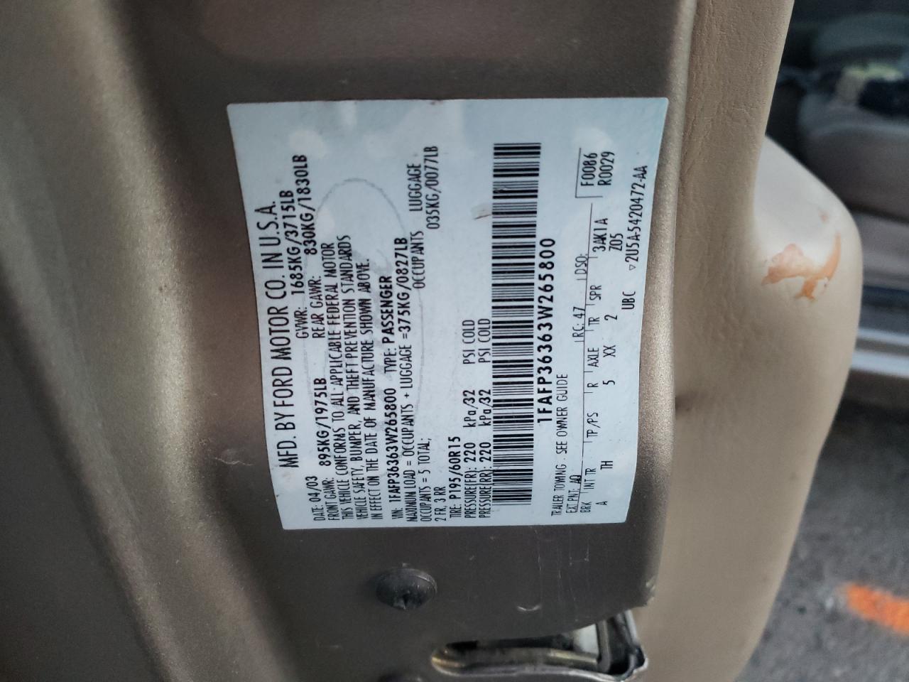 Photo 10 from auction – 2003 FORD FOCUS SE with VIN 1FAFP36363W265800