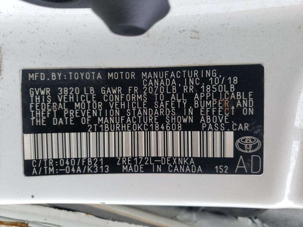 Photo 10 from auction – 2019 TOYOTA COROLLA L with VIN 2T1BURHE0KC184608