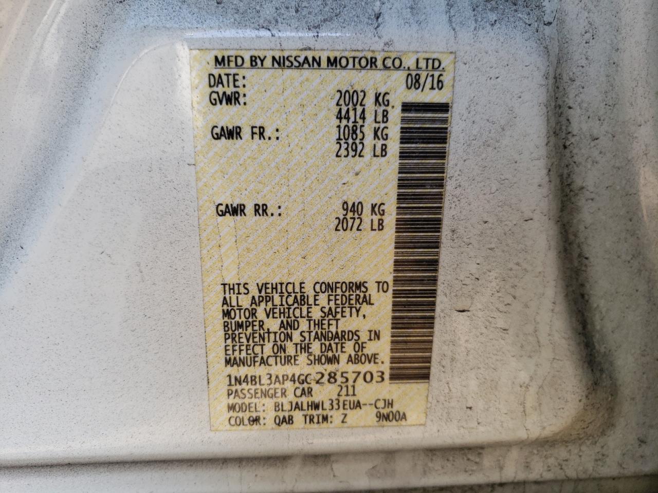 Photo 10 from auction – 2016 NISSAN ALTIMA 3.5 with VIN 1N4BL3AP4GC285703