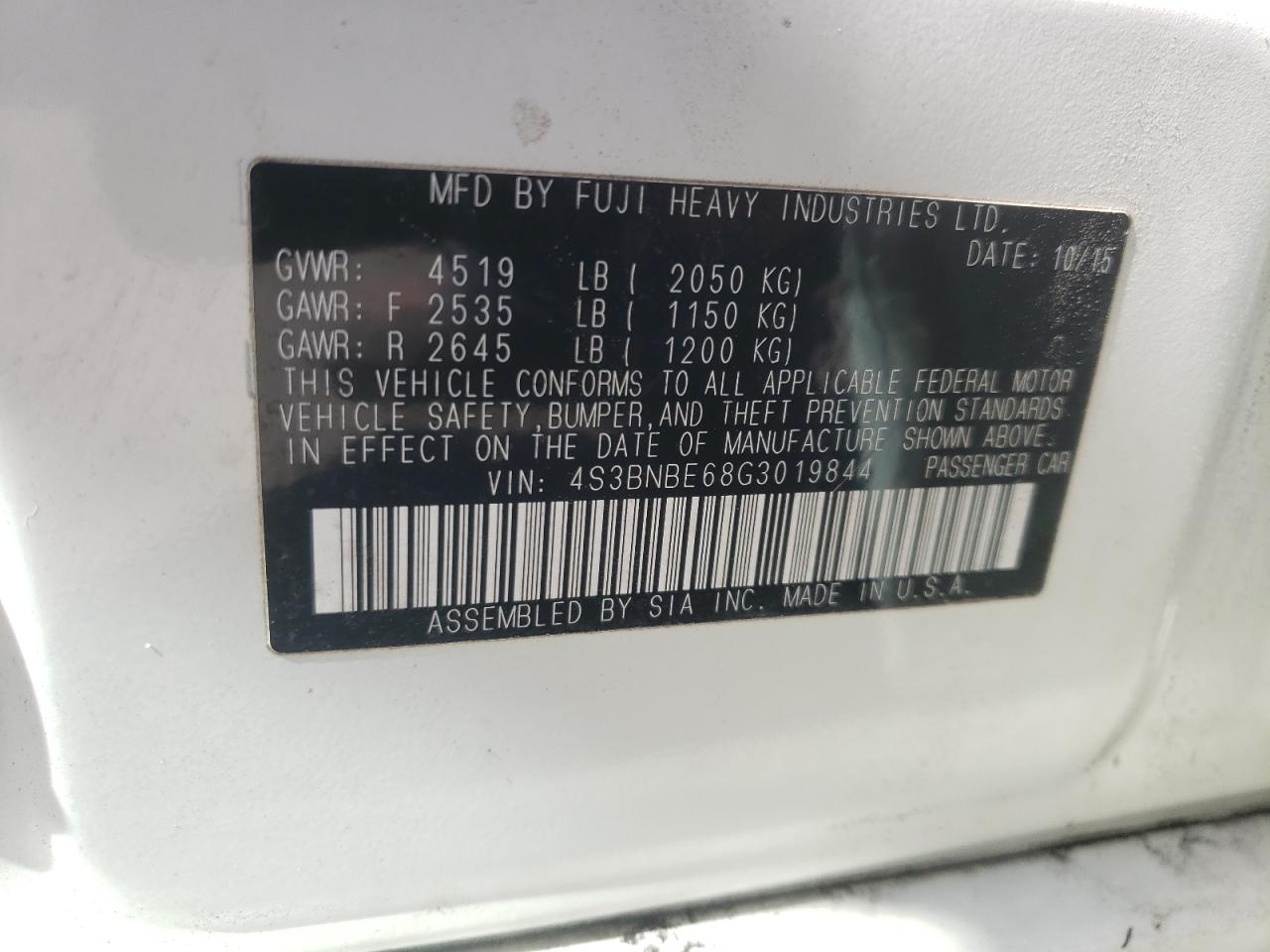 Photo 10 from auction – 2016 SUBARU LEGACY 2.5 with VIN 4S3BNBE68G3019844