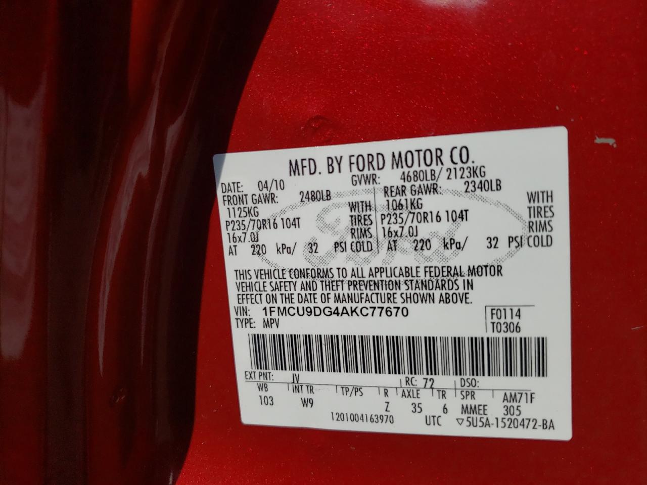 Photo 10 from auction – 2010 FORD ESCAPE XLT with VIN 1FMCU9DG4AKC77670
