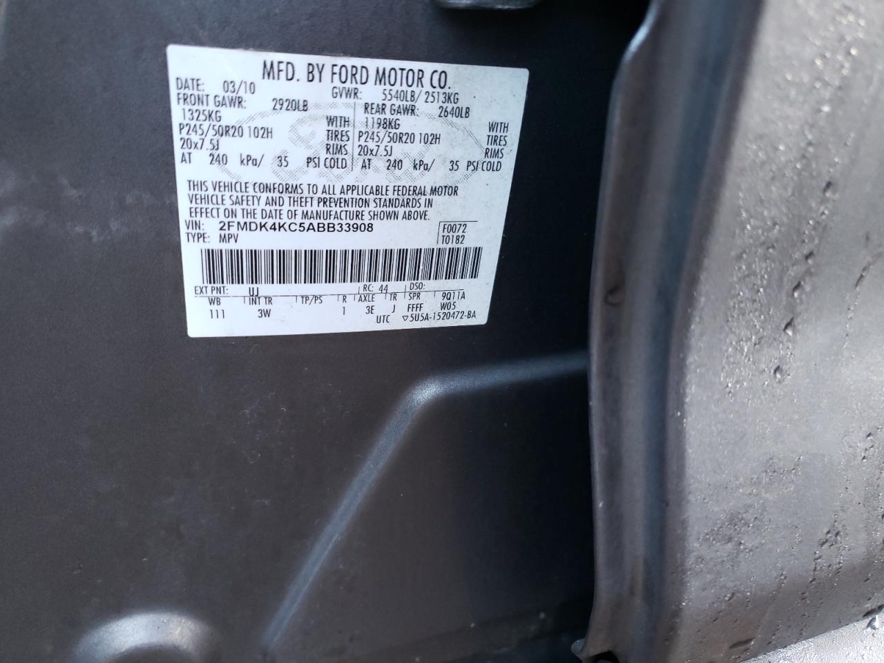 Photo 10 from auction – 2010 FORD EDGE LIMIT with VIN 2FMDK4KC5ABB33908