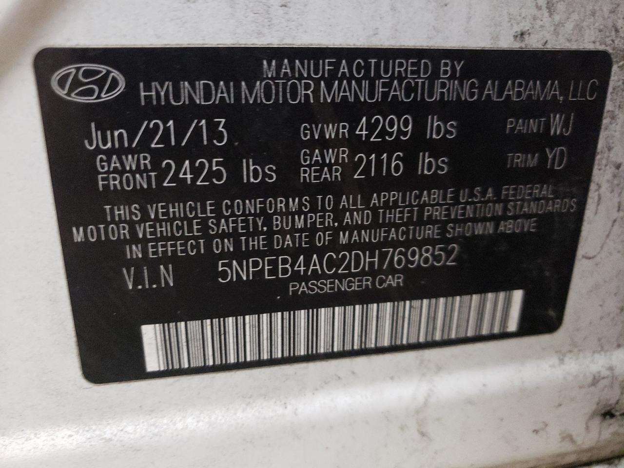 Photo 10 from auction – 2013 HYUNDAI SONATA GLS with VIN 5NPEB4AC2DH769852