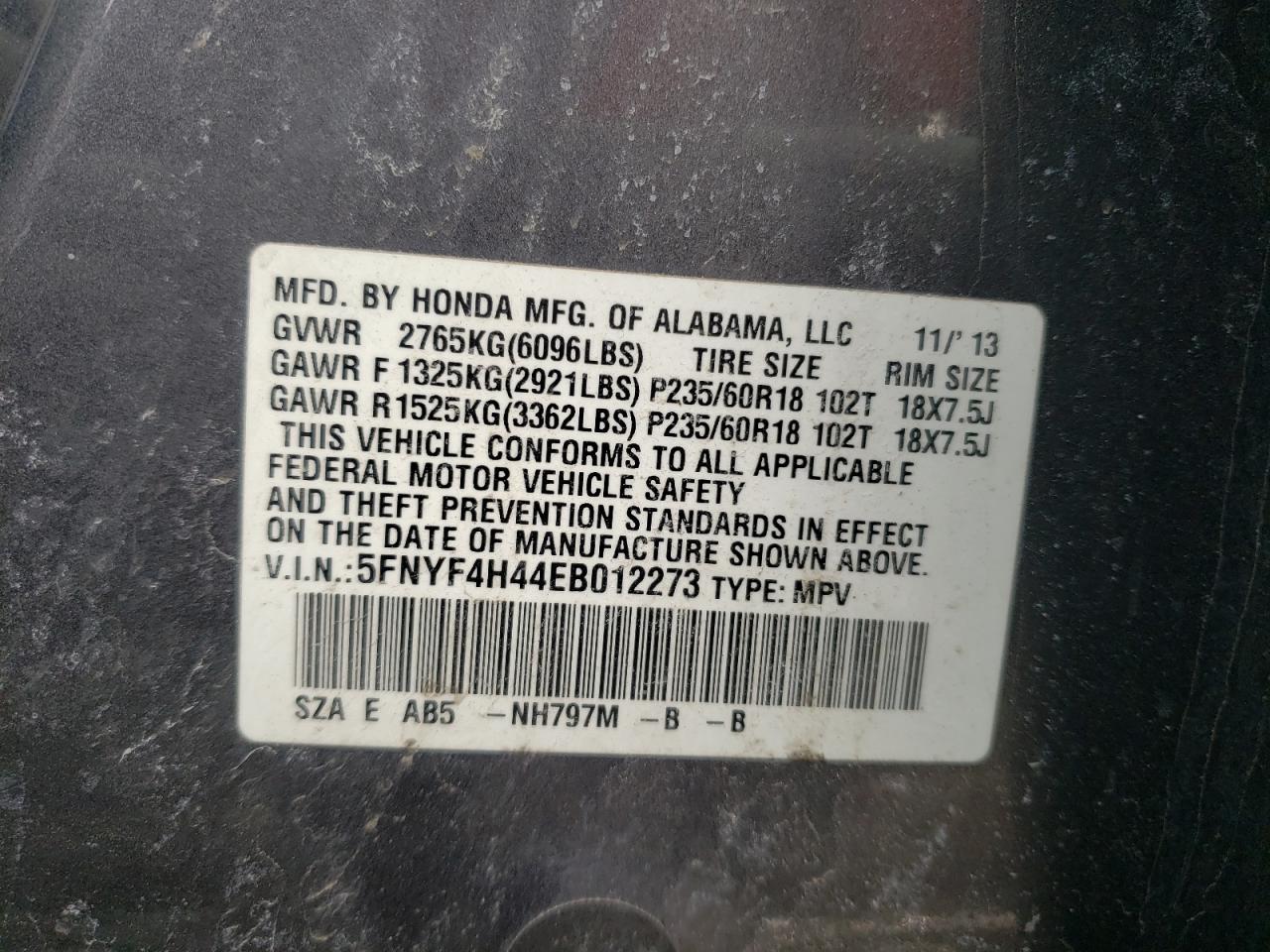 Photo 10 from auction – 2014 HONDA PILOT EX with VIN 5FNYF4H44EB012273