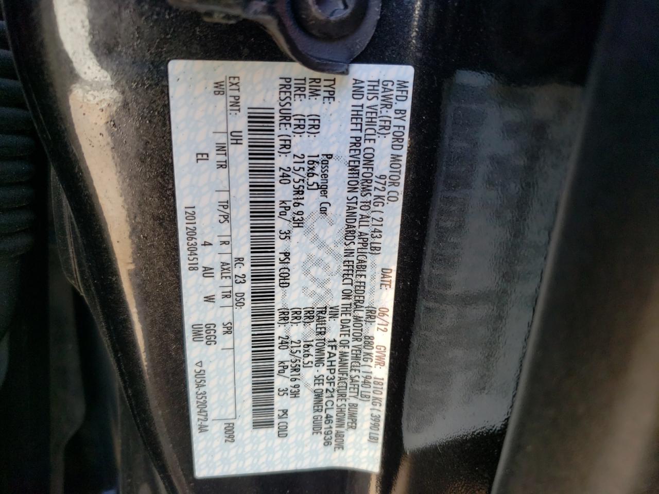 Photo 10 from auction – 2012 FORD FOCUS SE with VIN 1FAHP3F21CL461936