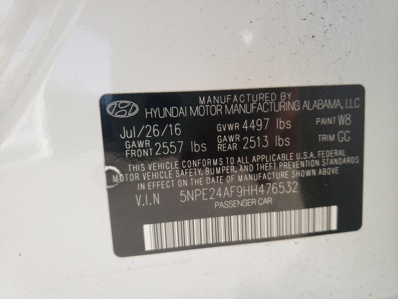 Photo 10 from auction – 2017 HYUNDAI SONATA SE with VIN 5NPE24AF9HH476532