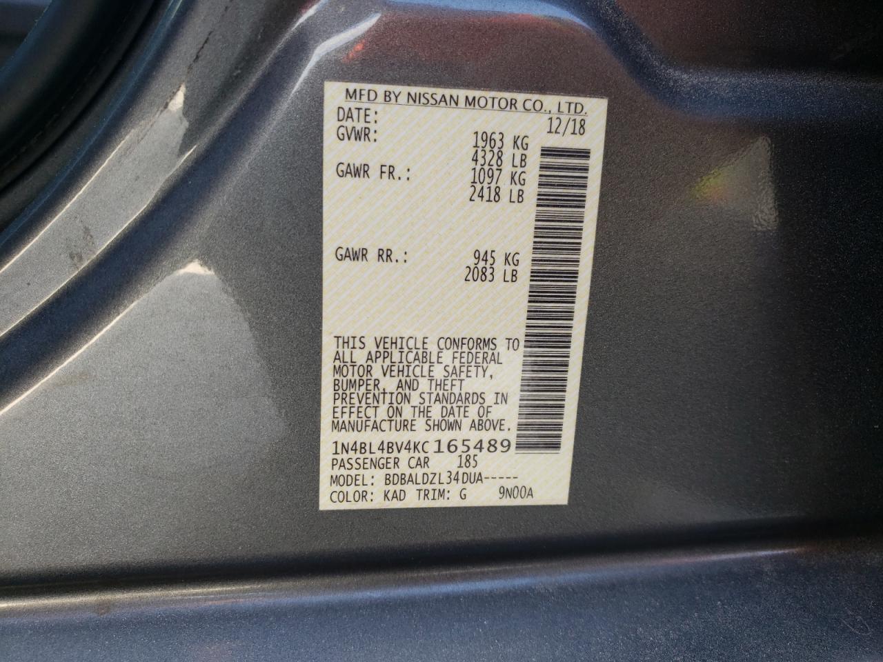 Photo 10 from auction – 2019 NISSAN ALTIMA S with VIN 1N4BL4BV4KC165489