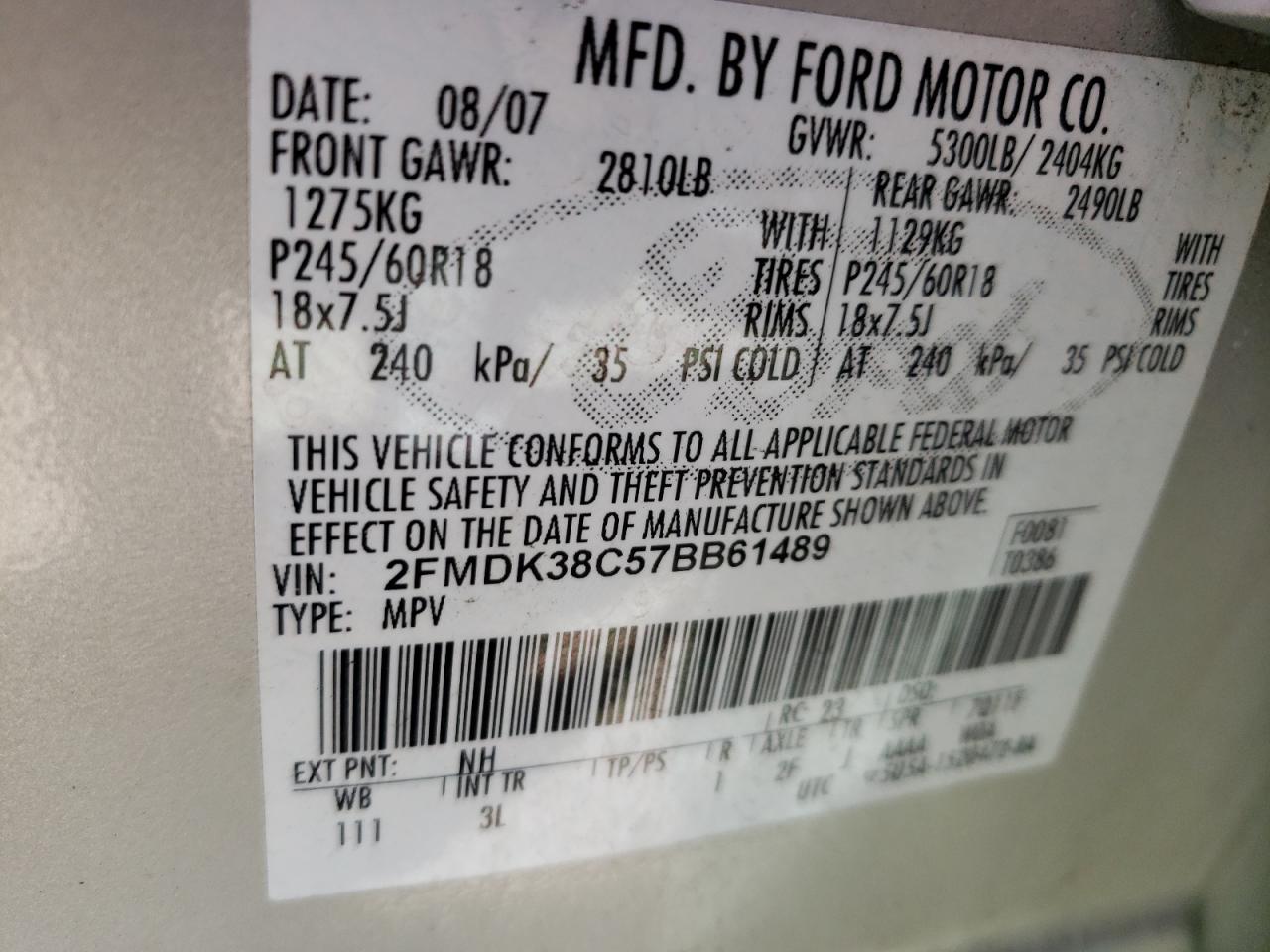 Photo 10 from auction – 2007 FORD EDGE SEL with VIN 2FMDK38C57BB61489