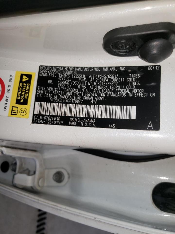 Photo 10 from auction – 2012 TOYOTA HIGHLANDER with VIN 5TDBK3EHXCS170872