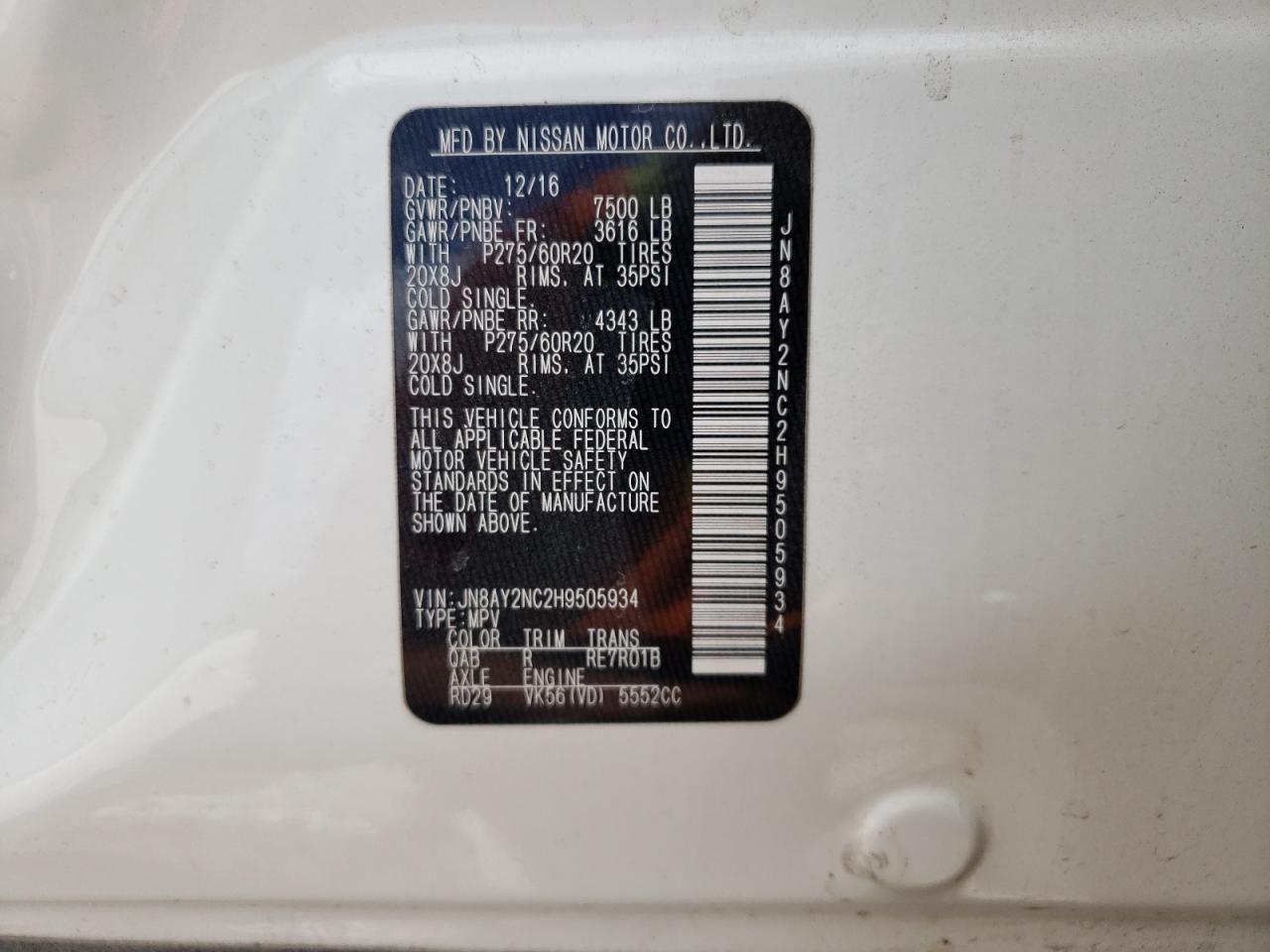 Photo 10 from auction – 2017 NISSAN ARMADA SV with VIN JN8AY2NC2H9505934