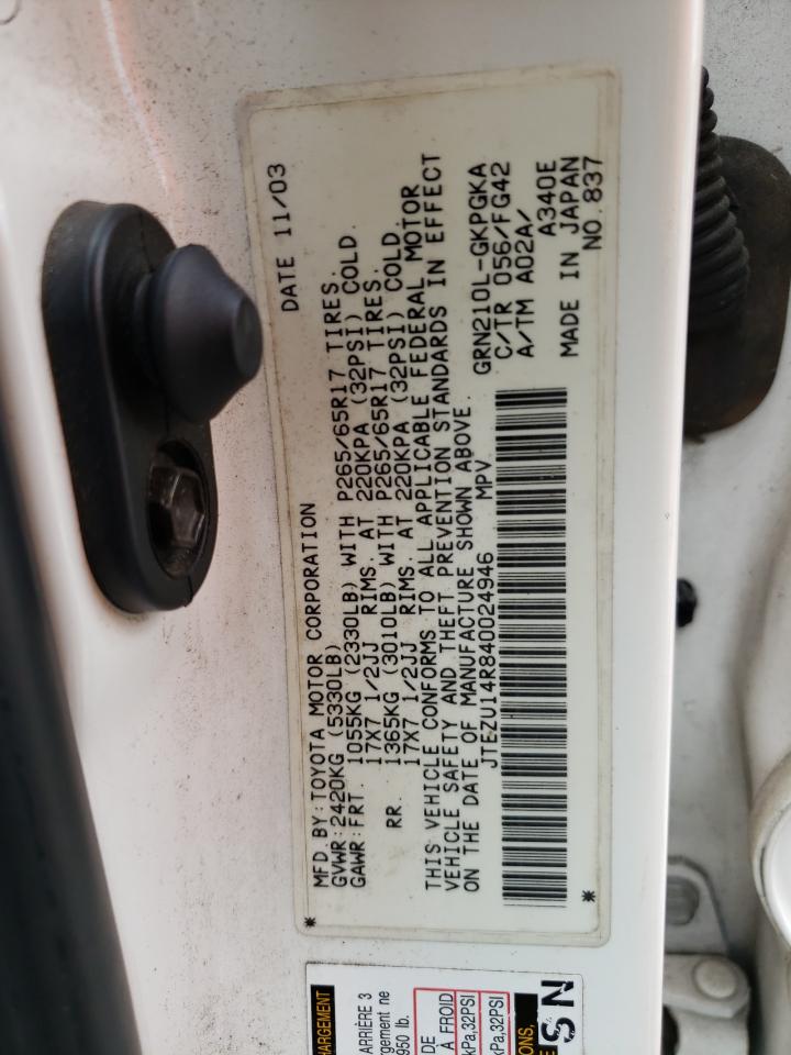 Photo 10 from auction – 2004 TOYOTA 4RUNNER SR with VIN JTEZU14R840024946