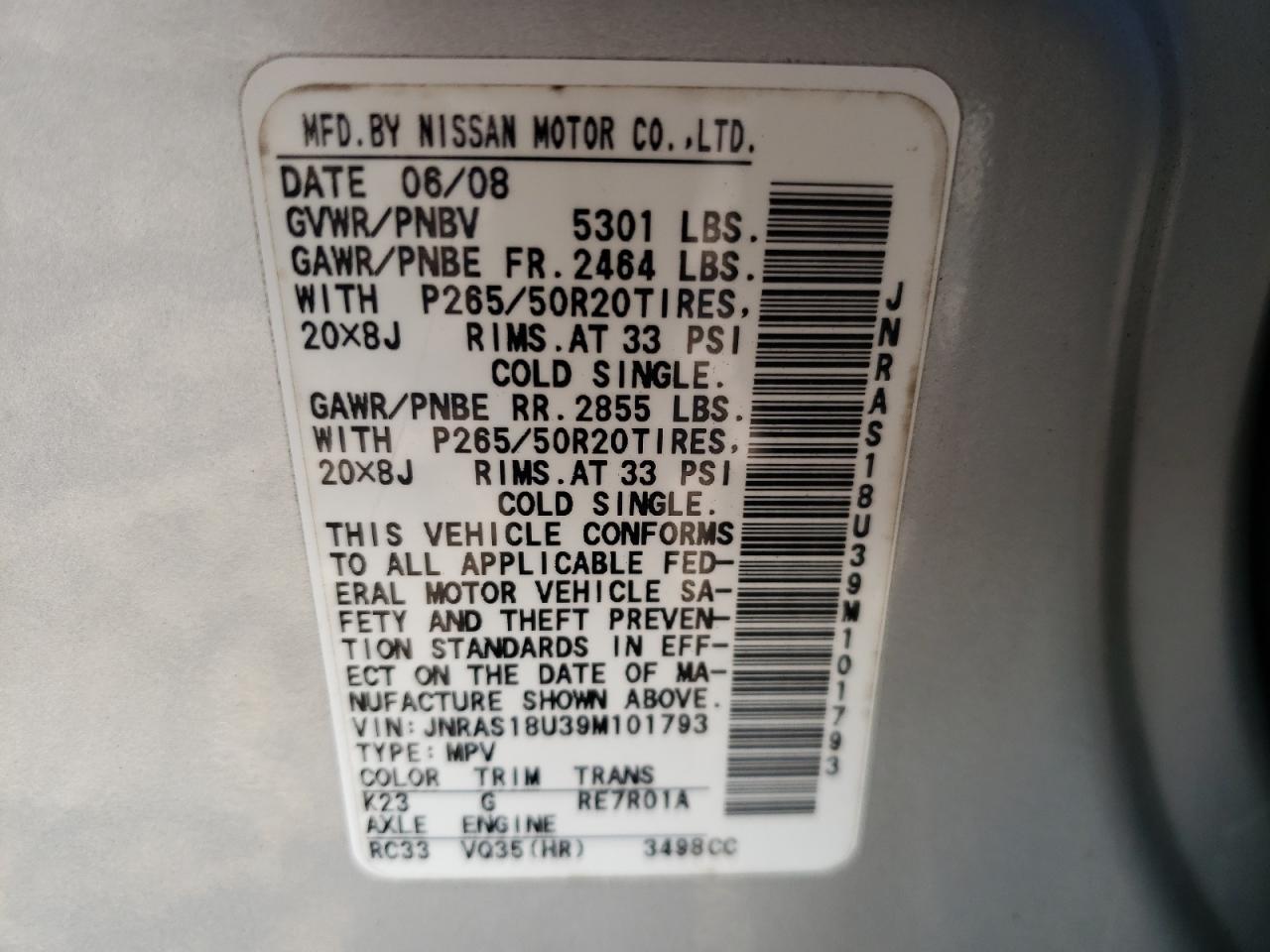 Photo 10 from auction – 2009 INFINITI FX35 with VIN JNRAS18U39M101793