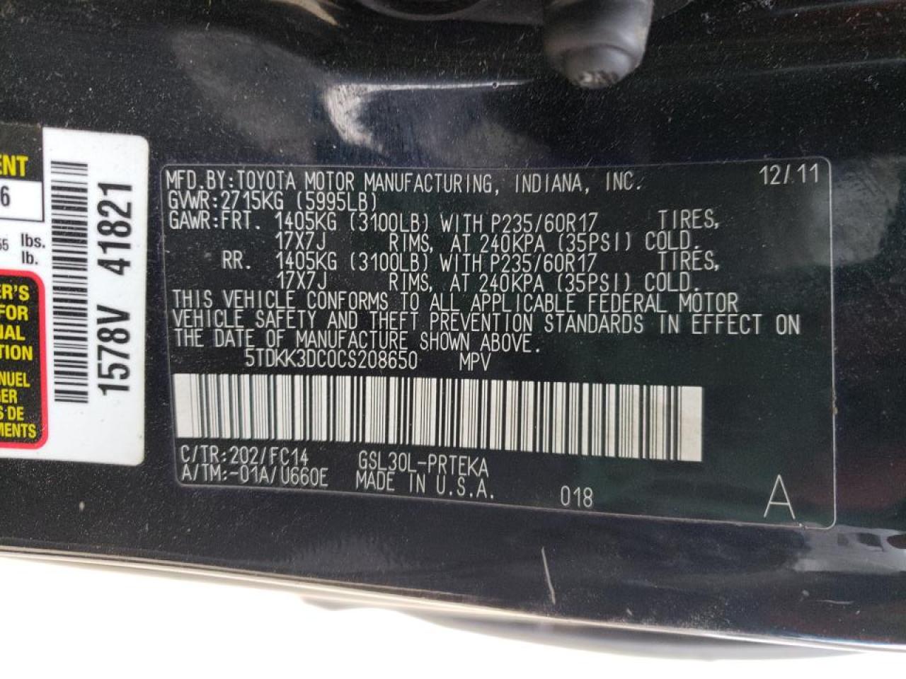 Photo 10 from auction – 2012 TOYOTA SIENNA LE with VIN 5TDKK3DC0CS208650