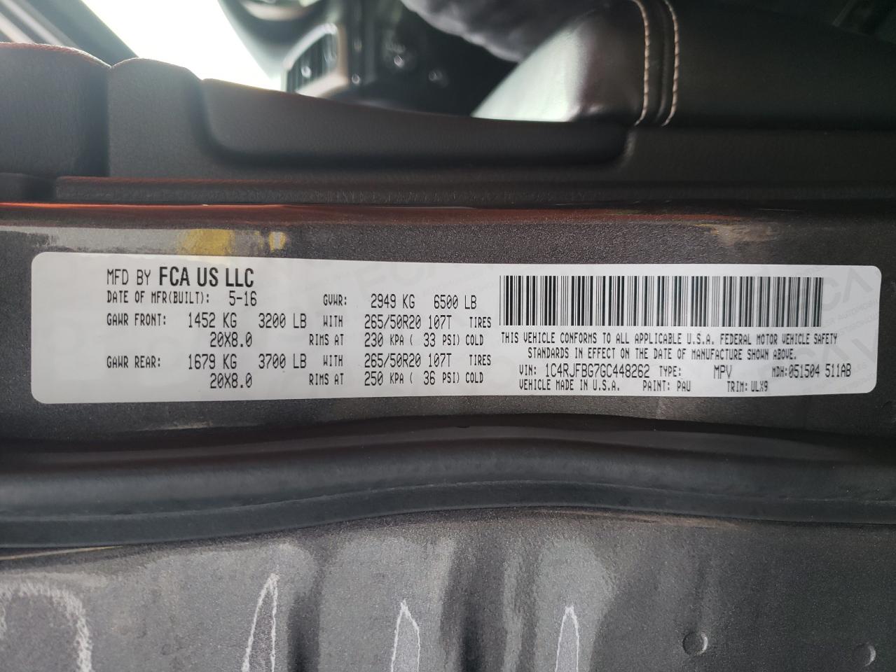 Photo 10 from auction – 2016 JEEP GRAND CHER with VIN 1C4RJFBG7GC448262