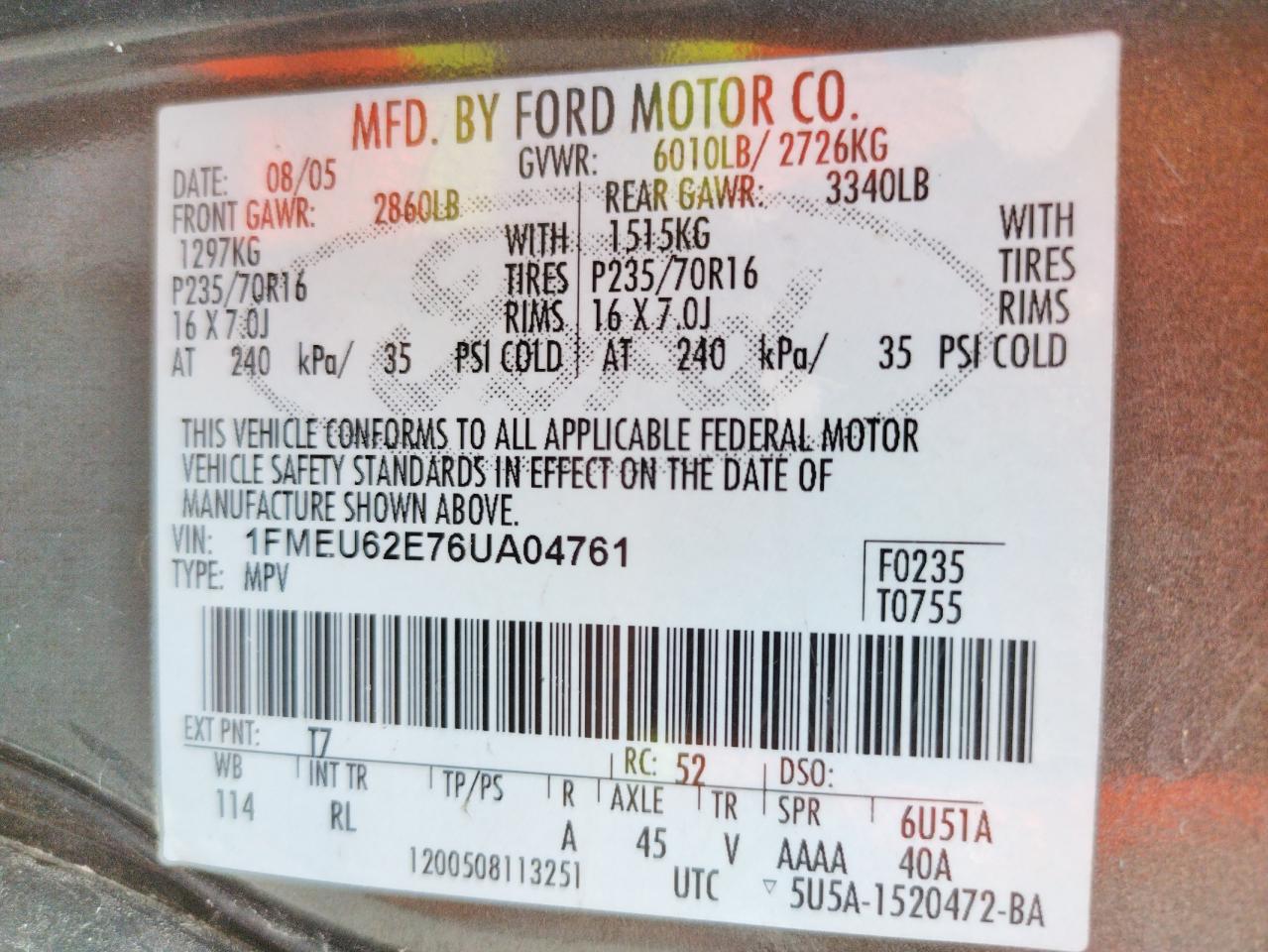 Photo 10 from auction – 2006 FORD EXPLORER X with VIN 1FMEU62E76UA04761