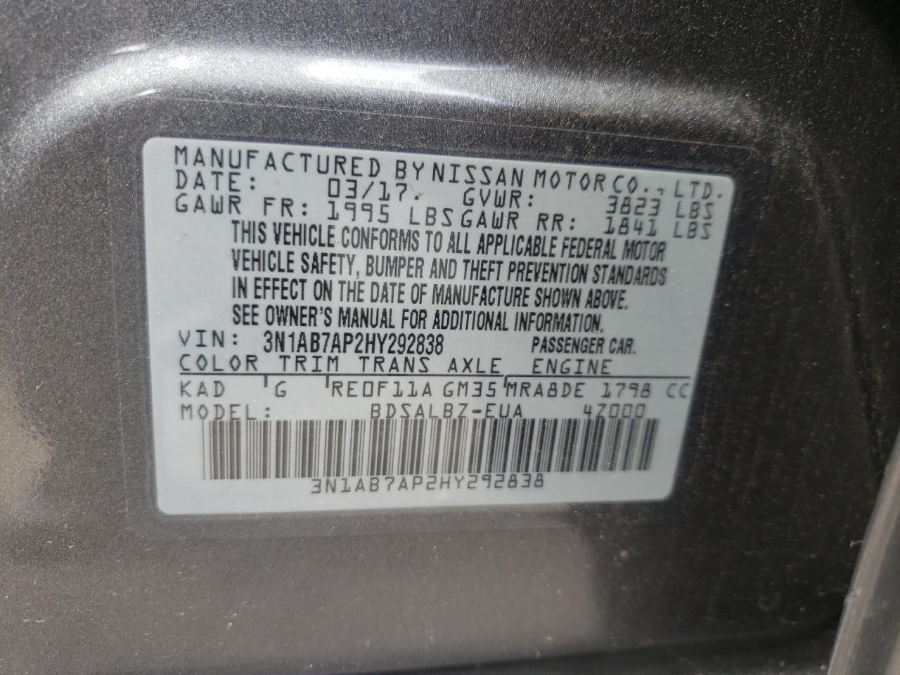 Photo 10 from auction – 2017 NISSAN SENTRA S with VIN 3N1AB7AP2HY292838