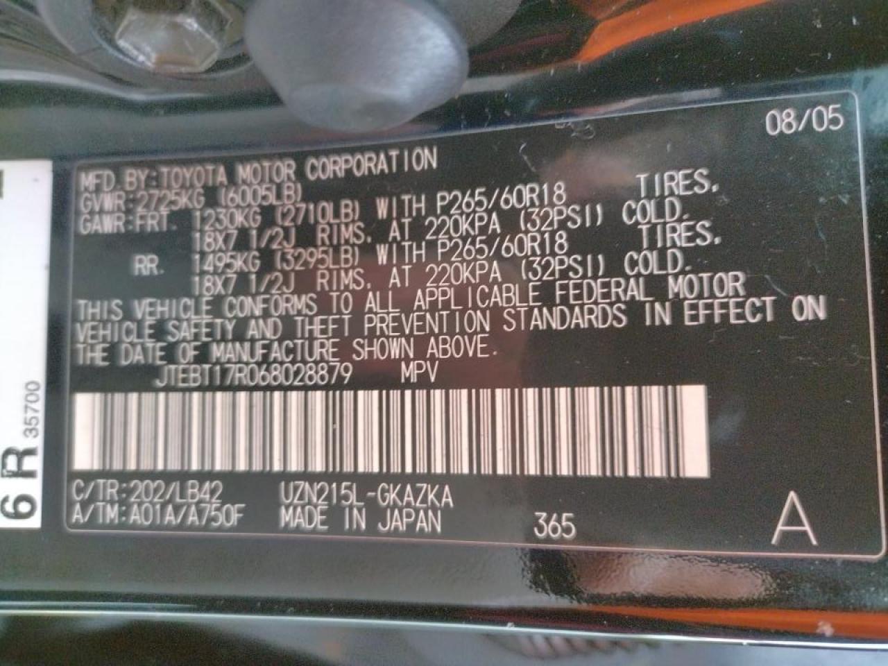 Photo 10 from auction – 2006 TOYOTA 4RUNNER LI with VIN JTEBT17R068028879
