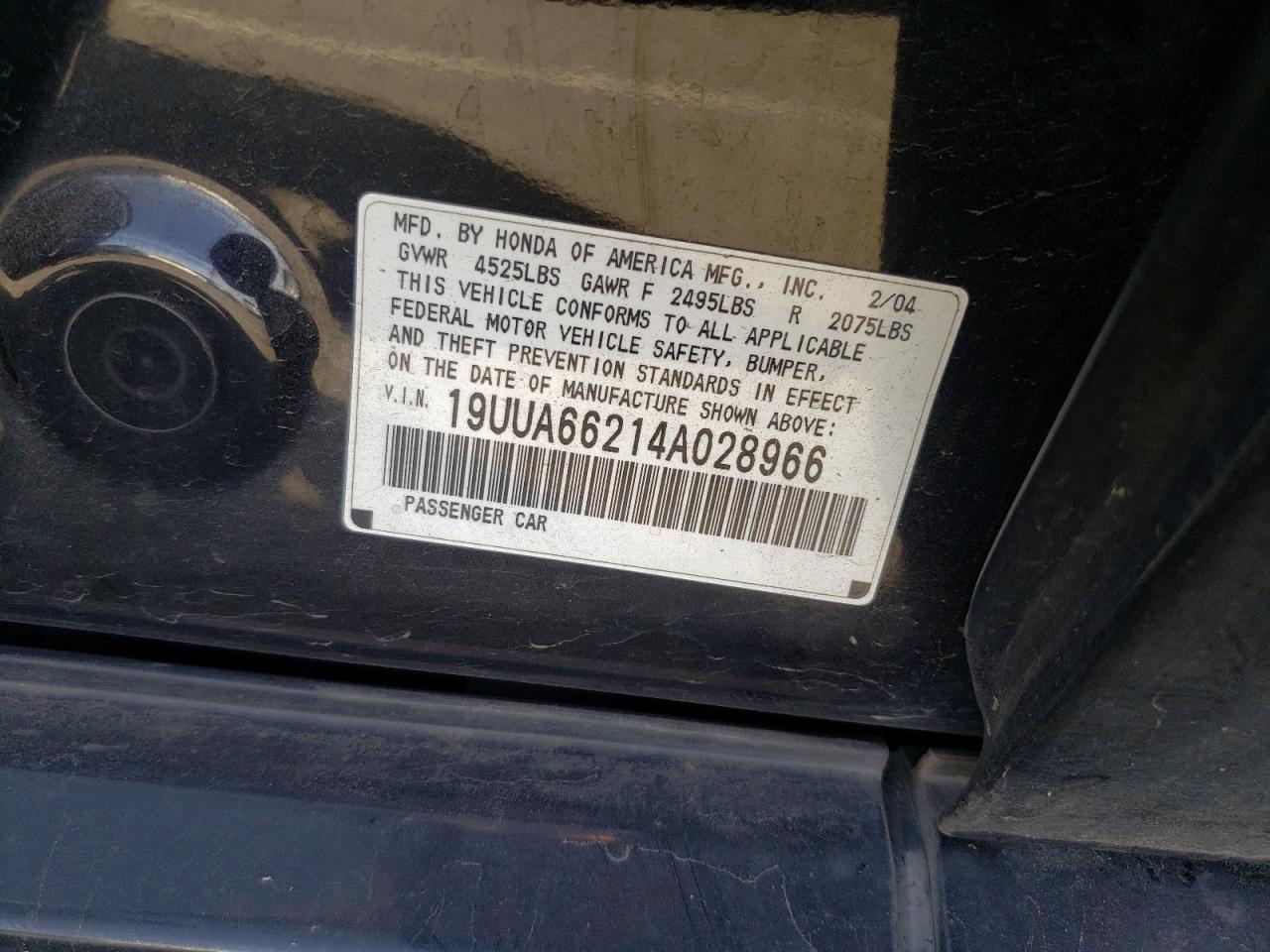 Photo 10 from auction – 2004 ACURA TL with VIN 19UUA66214A028966