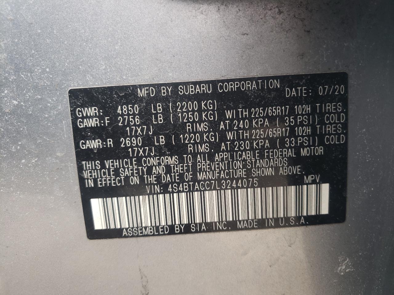 Photo 10 from auction – 2020 SUBARU OUTBACK PR with VIN 4S4BTACC7L3244075