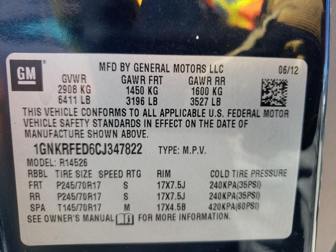 Photo 10 from auction – 2012 CHEVROLET TRAVERSE L with VIN 1GNKRFED6CJ347822