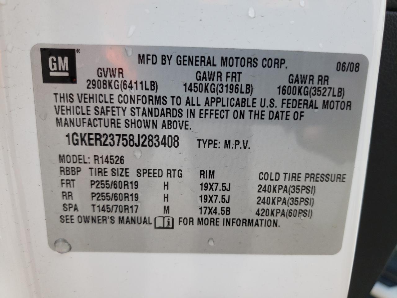 Photo 10 from auction – 2008 GMC ACADIA SLT with VIN 1GKER23758J283408