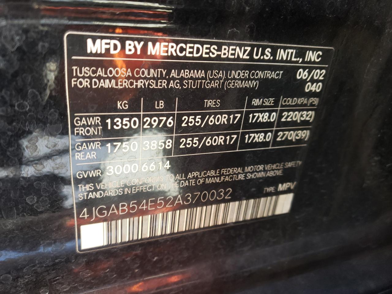 Photo 10 from auction – 2002 MERCEDES-BENZ ML 320 with VIN 4JGAB54E52A370032