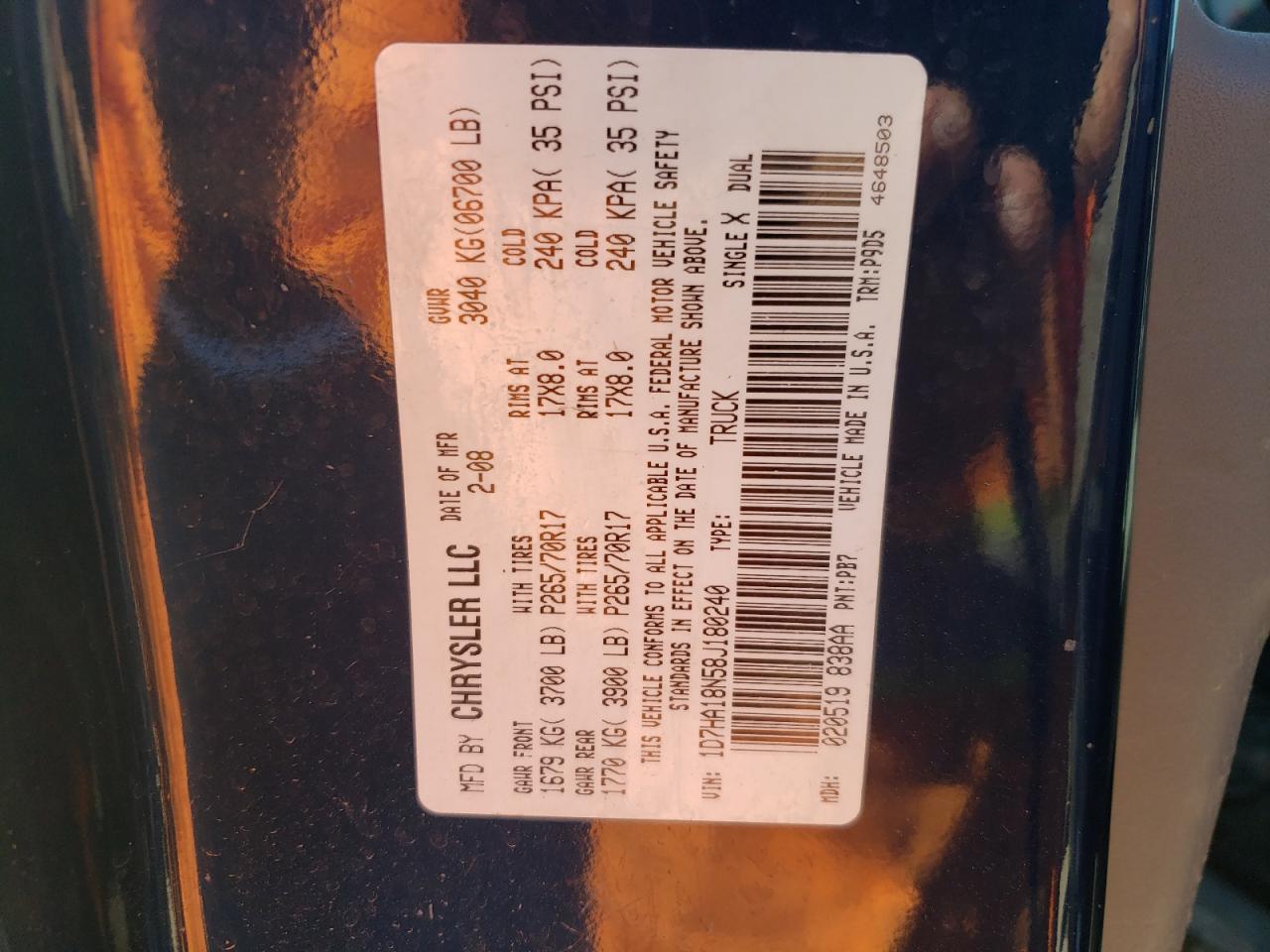 Zdjęcie 10 z aukcji – 2008 DODGE RAM 1500 S z VIN 1D7HA18N58J180240