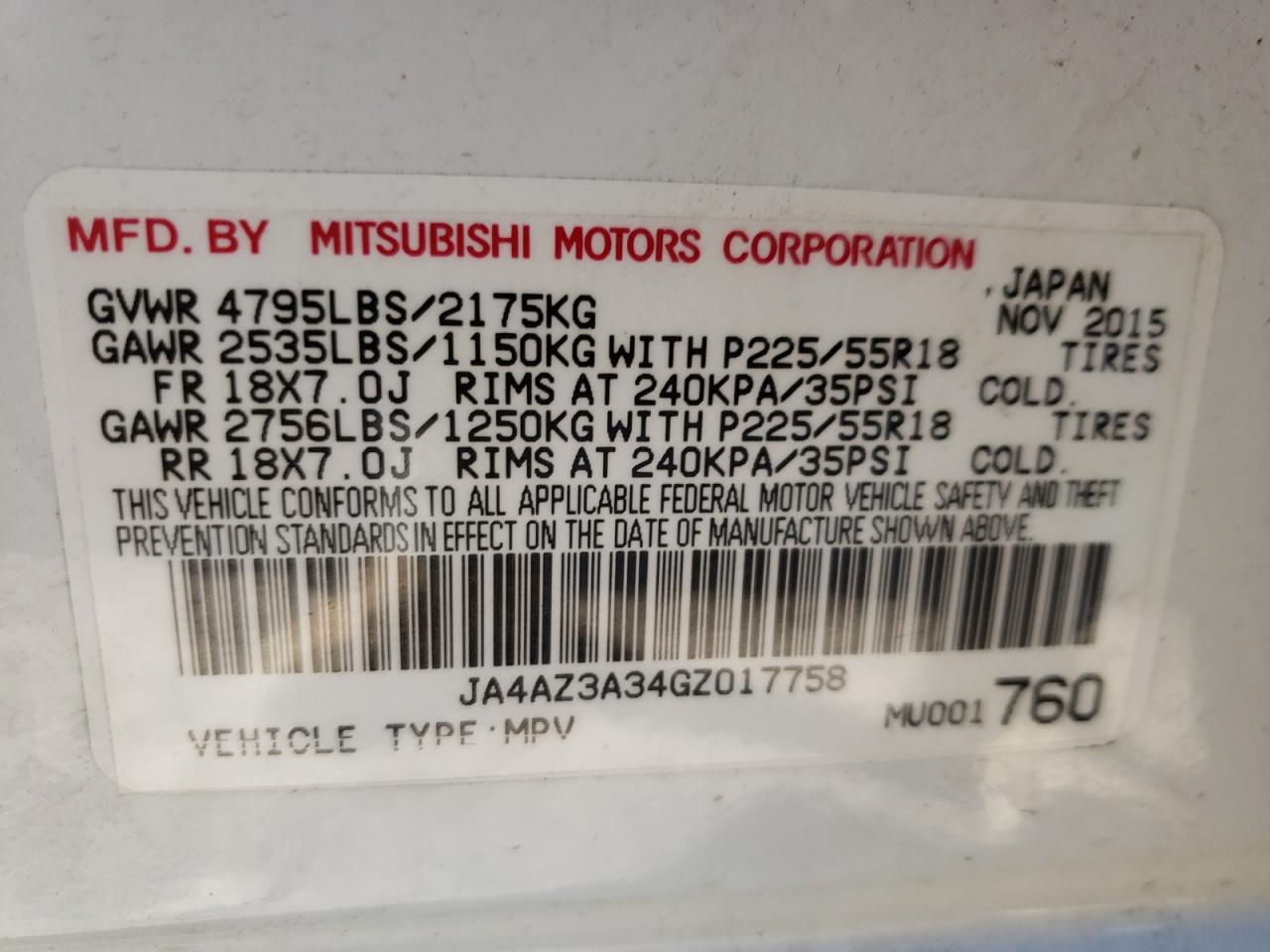 Photo 10 from auction – 2016 MITSUBISHI OUTLANDER with VIN JA4AZ3A34GZ017758