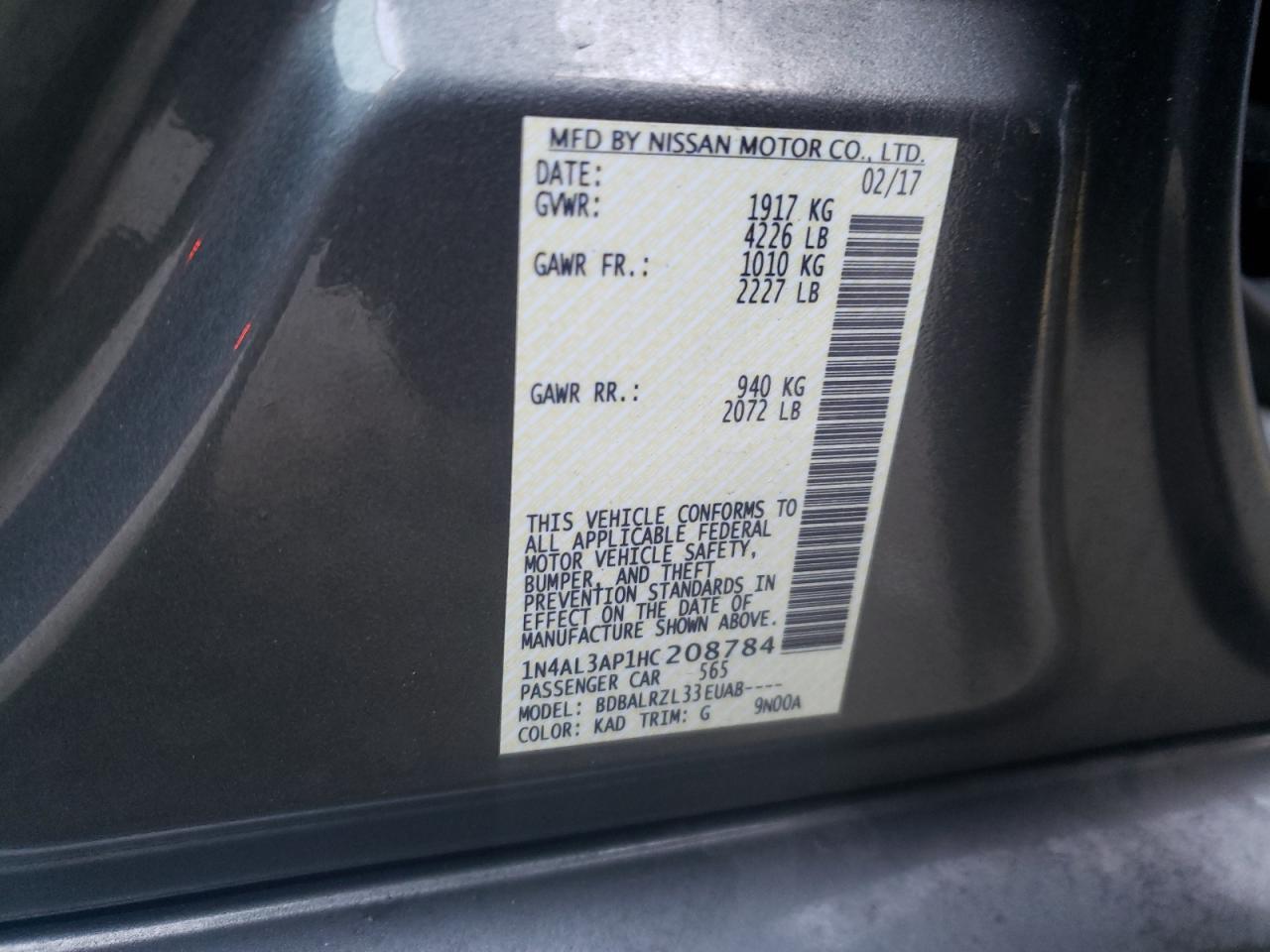 Photo 10 from auction – 2017 NISSAN ALTIMA 2.5 with VIN 1N4AL3AP1HC208784