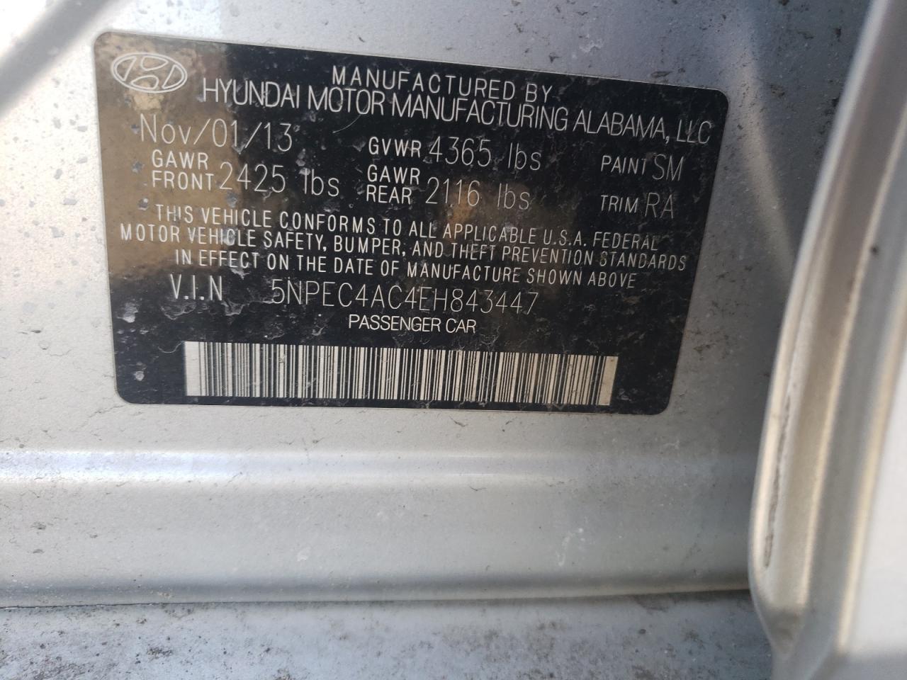 Photo 10 from auction – 2014 HYUNDAI SONATA SE with VIN 5NPEC4AC4EH843447