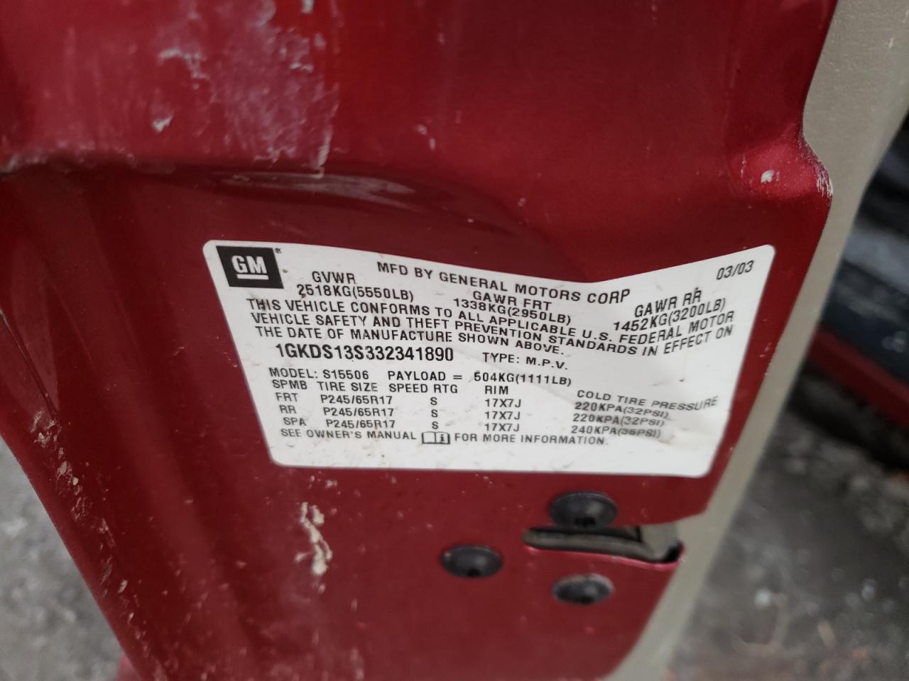 Photo 10 from auction – 2003 GMC ENVOY with VIN 1GKDS13S332341890