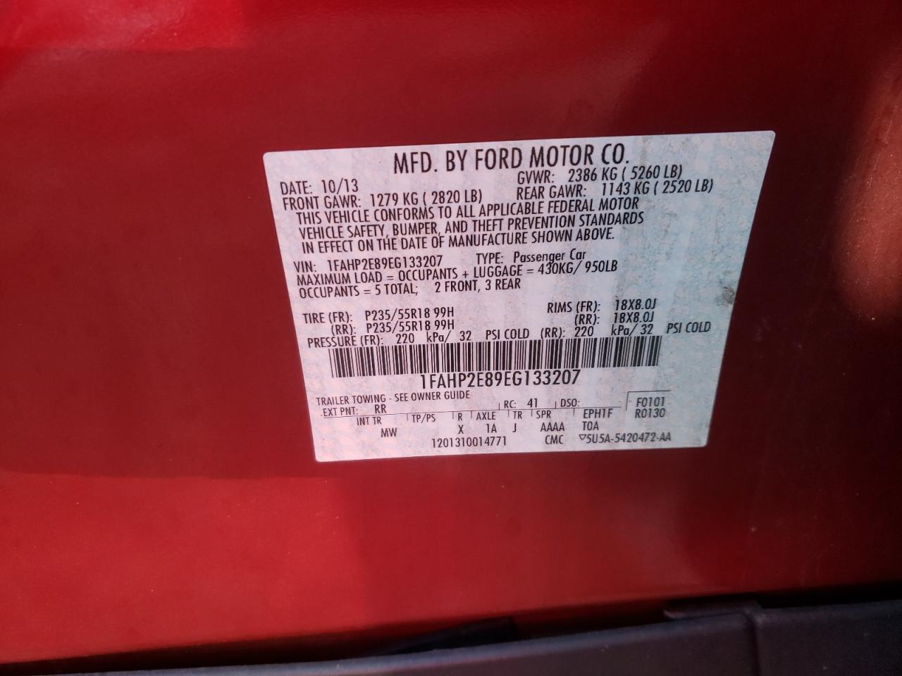 Photo 10 from auction – 2014 FORD TAURUS SEL with VIN 1FAHP2E89EG133207