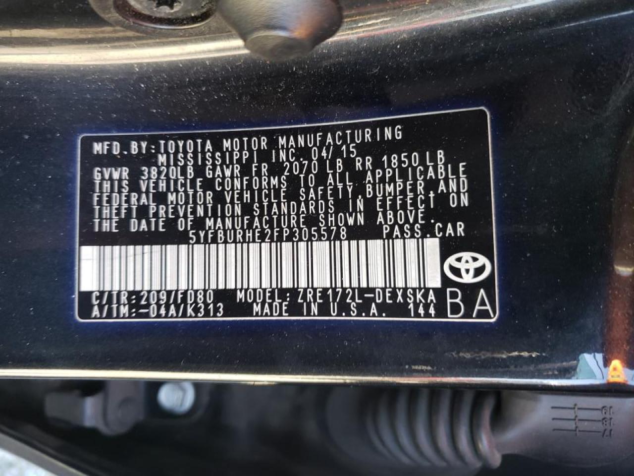 Photo 10 from auction – 2015 TOYOTA COROLLA L with VIN 5YFBURHE2FP305578