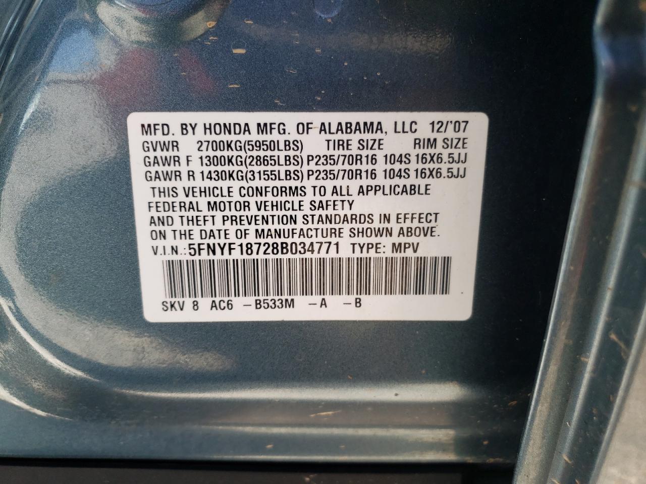 Photo 10 from auction – 2008 HONDA PILOT EXL with VIN 5FNYF18728B034771