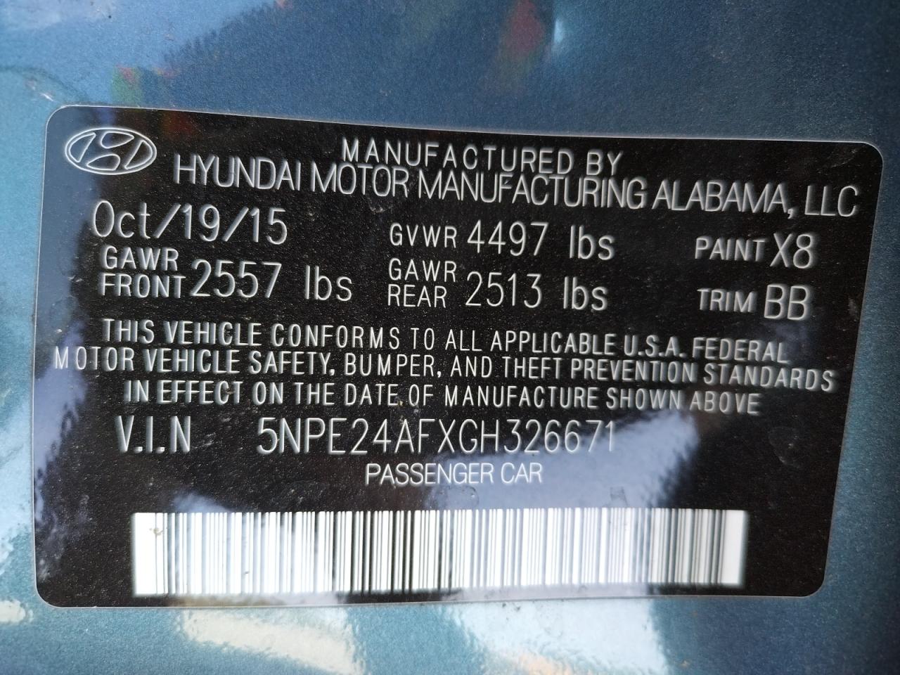 Photo 10 from auction – 2016 HYUNDAI SONATA SE with VIN 5NPE24AFXGH326671