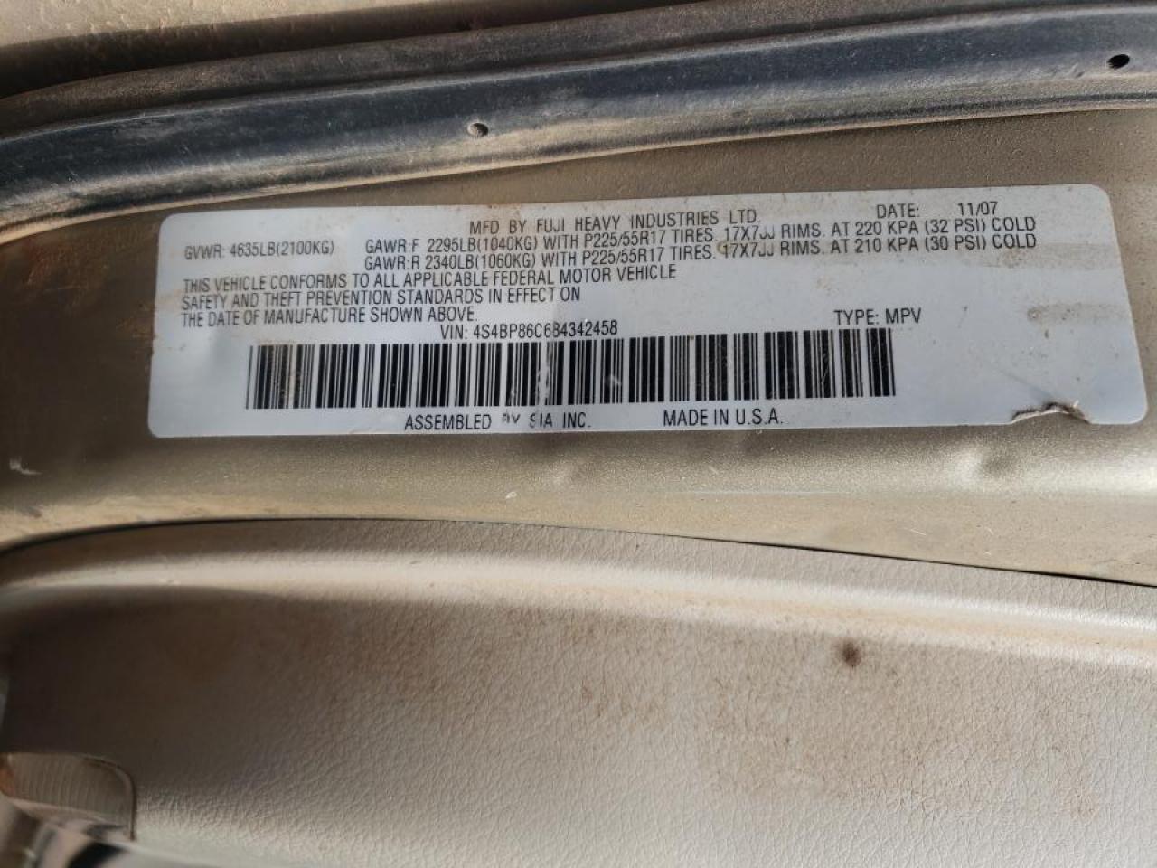 Photo 10 from auction – 2008 SUBARU OUTBACK 3. with VIN 4S4BP86C684342458