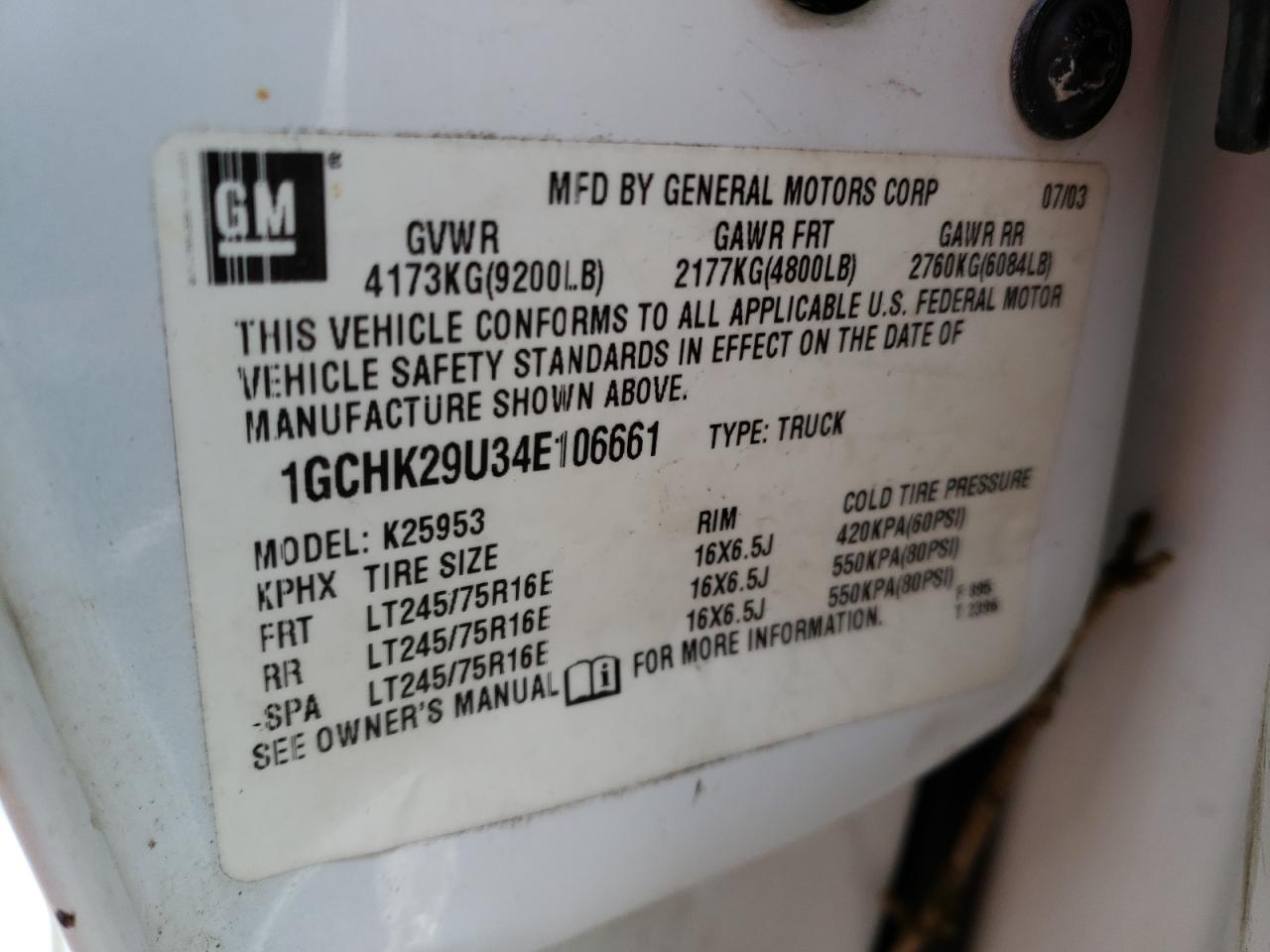 Photo 10 from auction – 2004 CHEVROLET SILVERADO with VIN 1GCHK29U34E106661