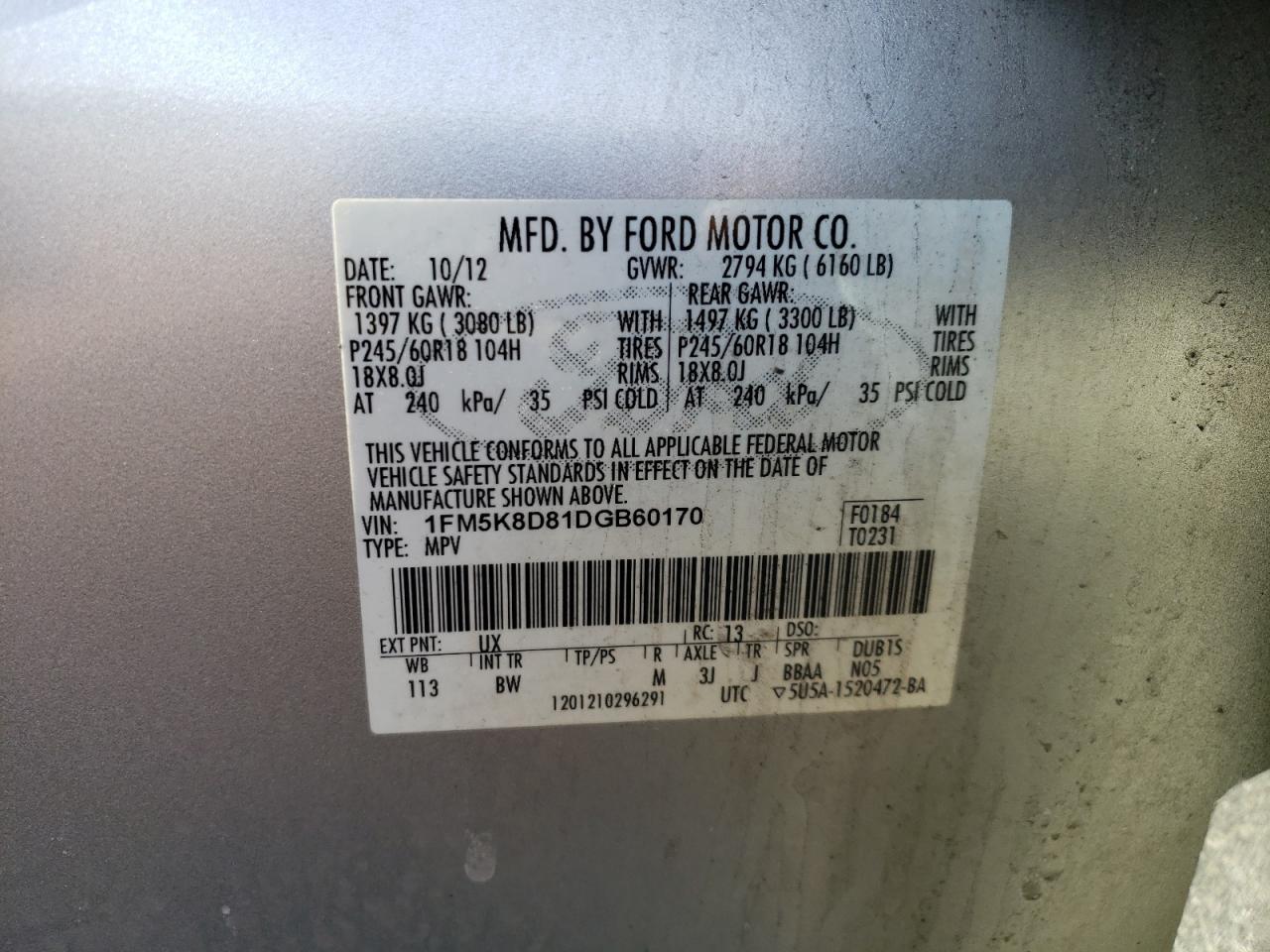 Photo 10 from auction – 2013 FORD EXPLORER X with VIN 1FM5K8D81DGB60170