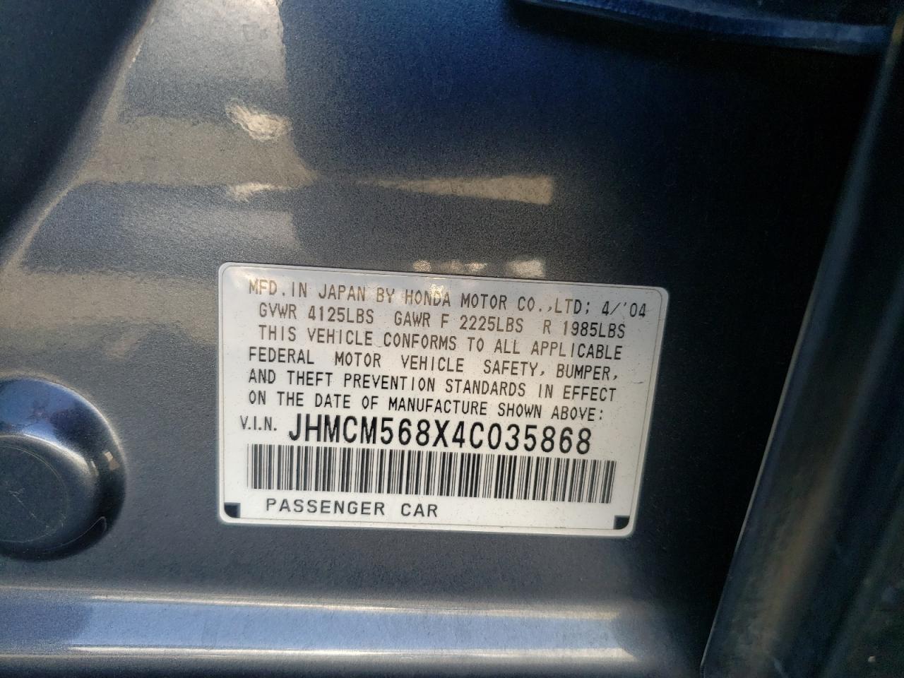 Photo 10 from auction – 2004 HONDA ACCORD EX with VIN JHMCM568X4C035868
