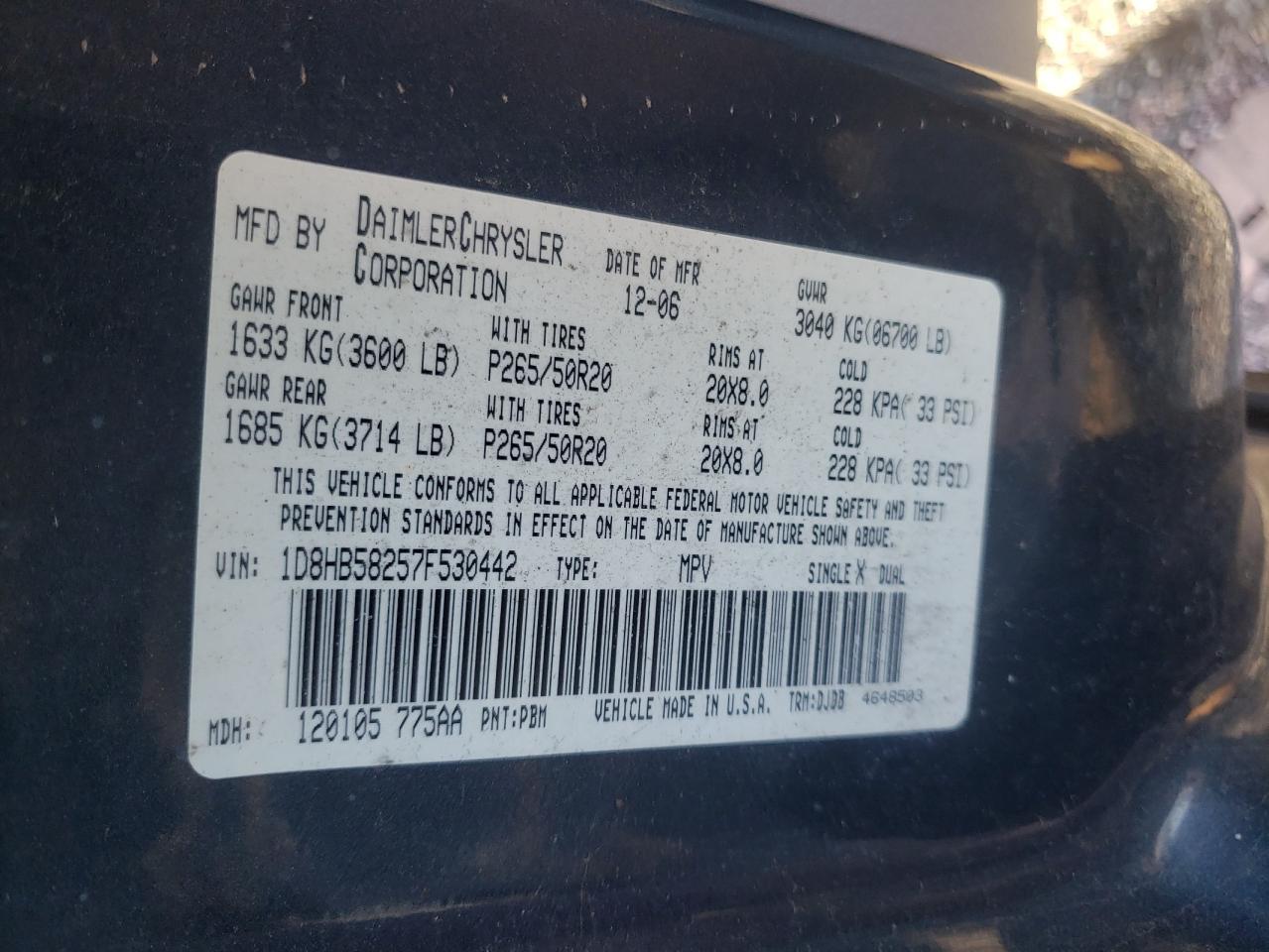 Photo 10 from auction – 2007 DODGE DURANGO LI with VIN 1D8HB58257F530442