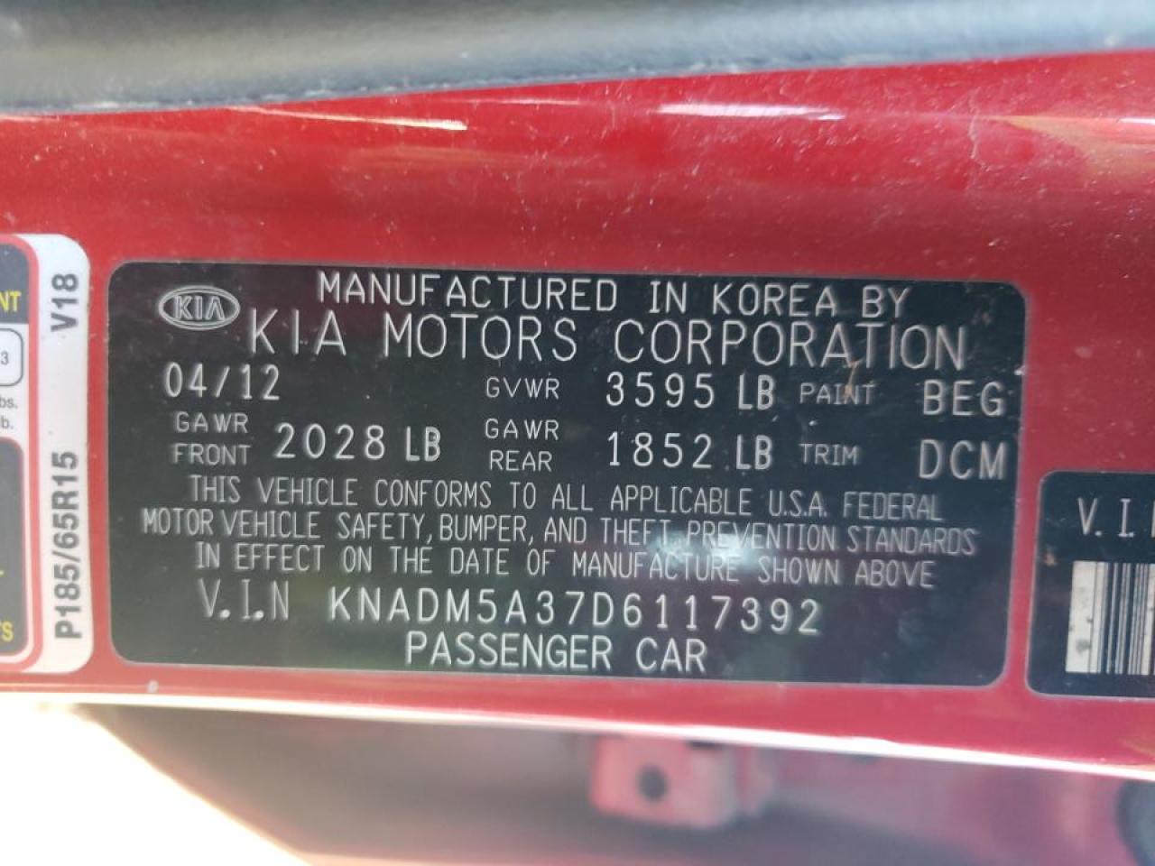 Photo 10 from auction – 2013 KIA RIO LX with VIN KNADM5A37D6117392