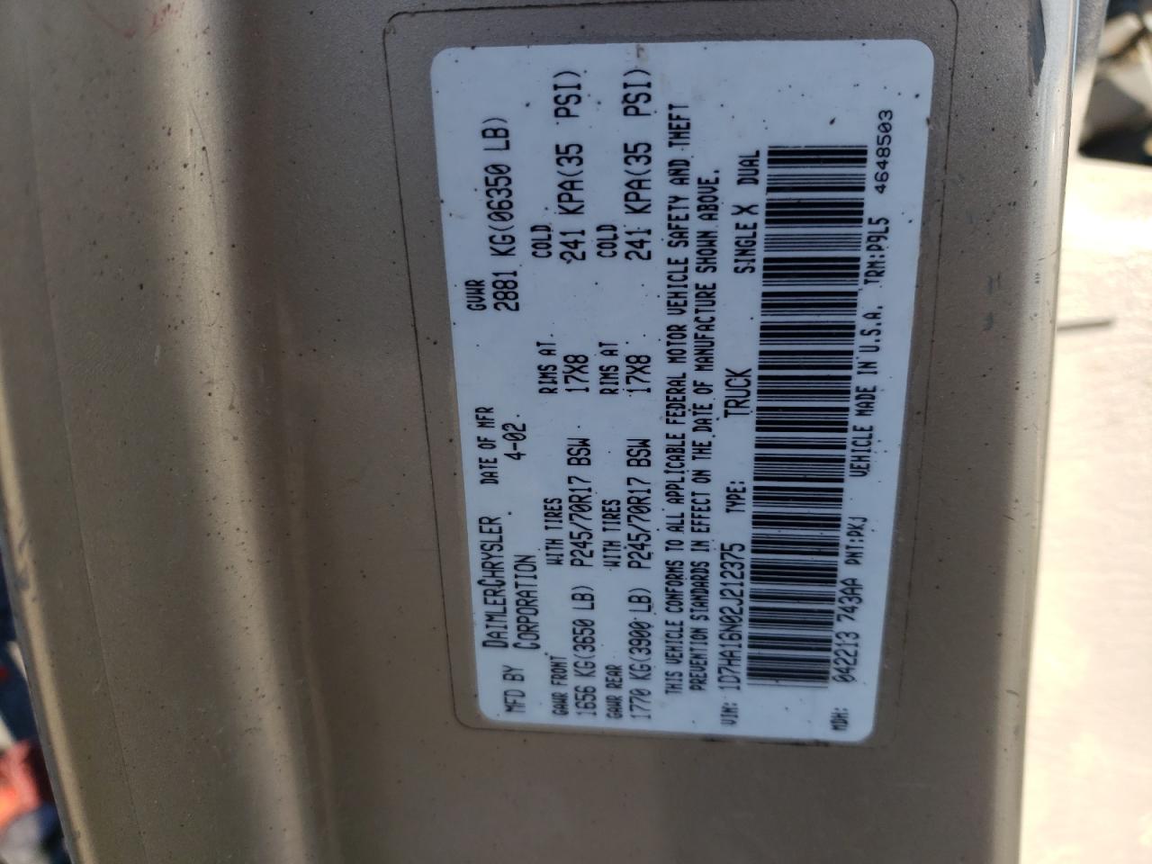 Photo 10 from auction – 2002 DODGE RAM 1500 with VIN 1D7HA16N02J212375