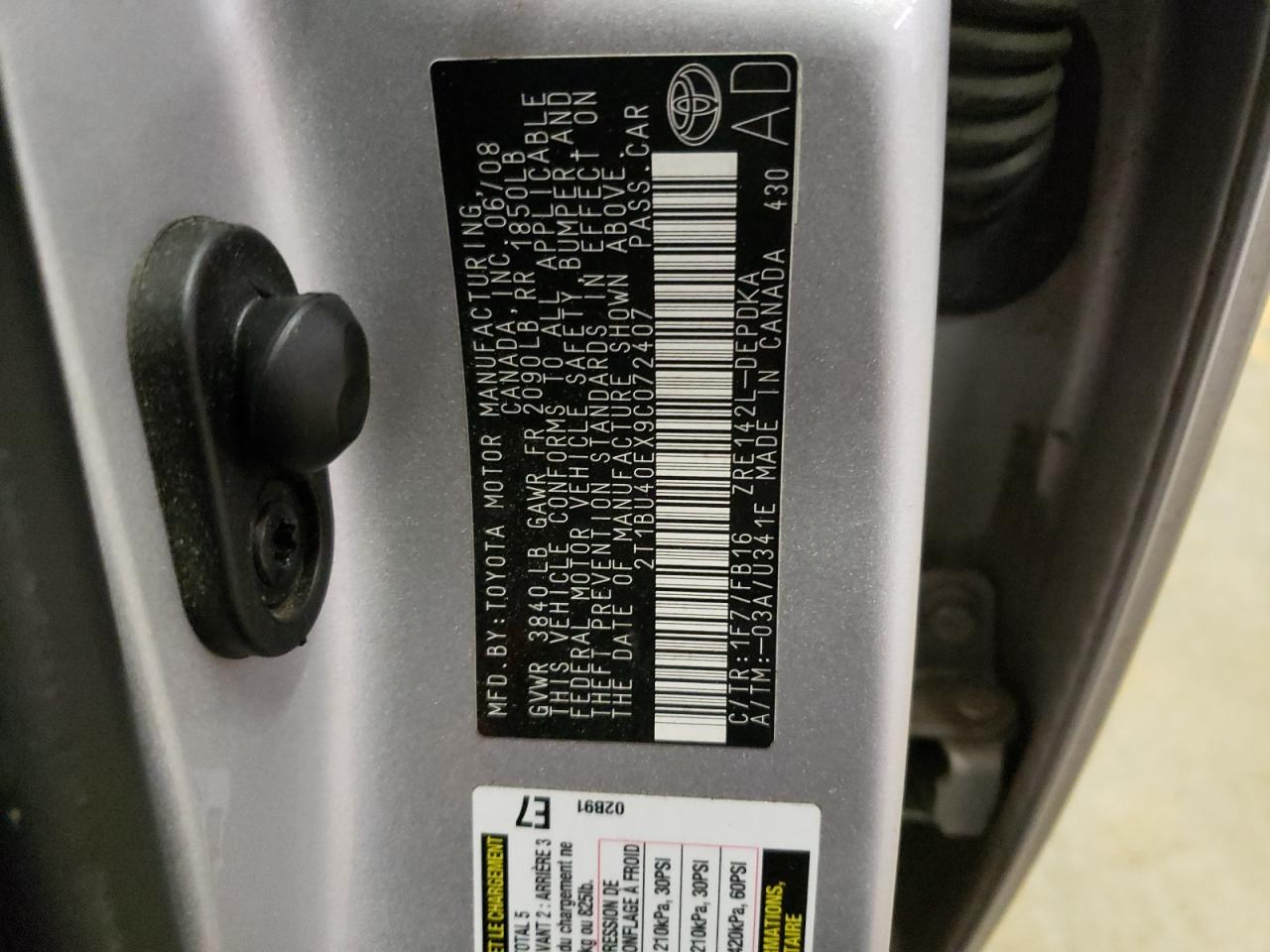 Photo 10 from auction – 2009 TOYOTA COROLLA BA with VIN 2T1BU40EX9C072407
