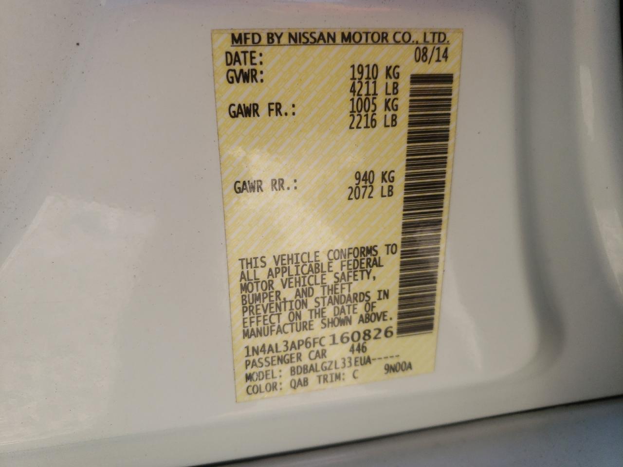 Photo 10 from auction – 2015 NISSAN ALTIMA 2.5 with VIN 1N4AL3AP6FC160826