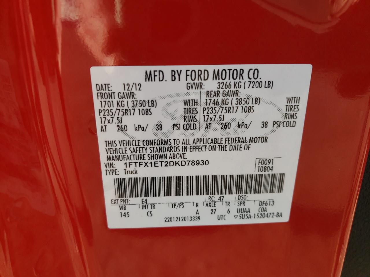 Photo 10 from auction – 2013 FORD F150 SUPER with VIN 1FTFX1ET2DKD78930