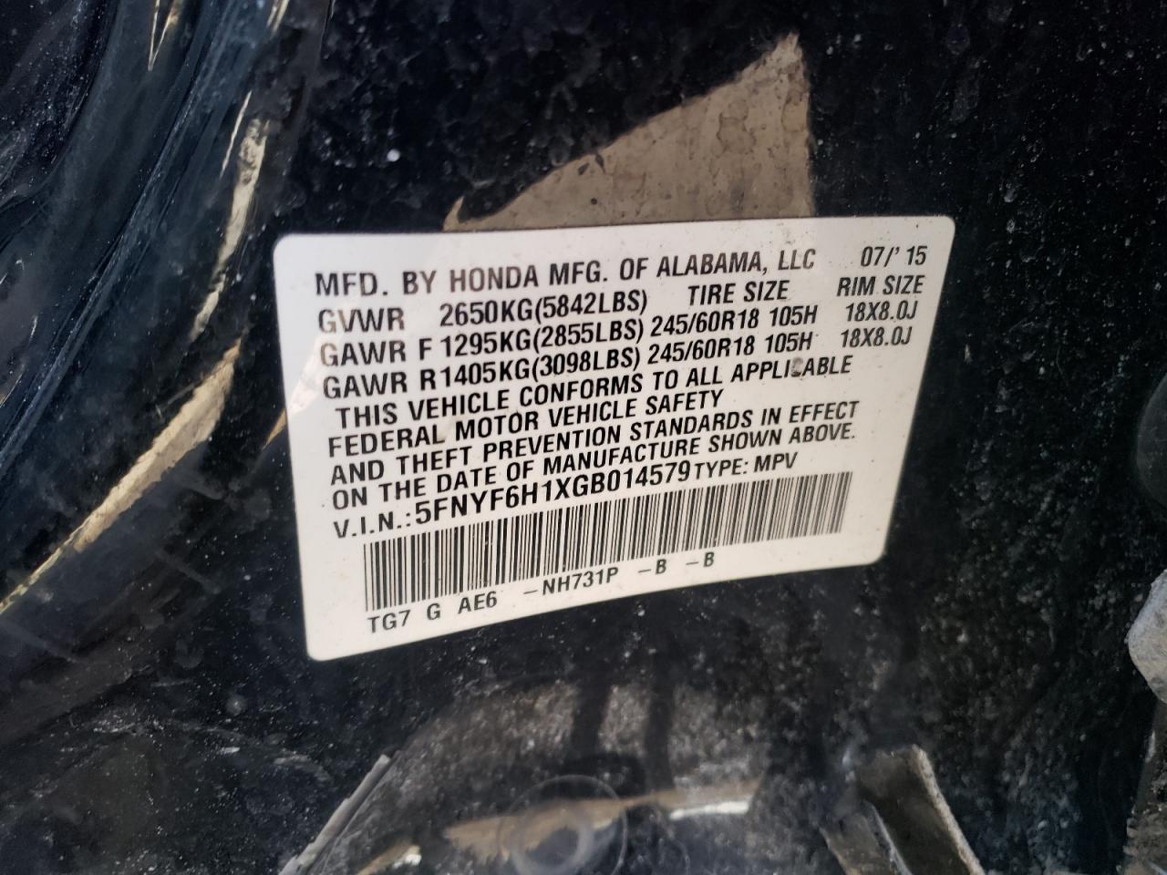 Photo 10 from auction – 2016 HONDA PILOT LX with VIN 5FNYF6H1XGB014579