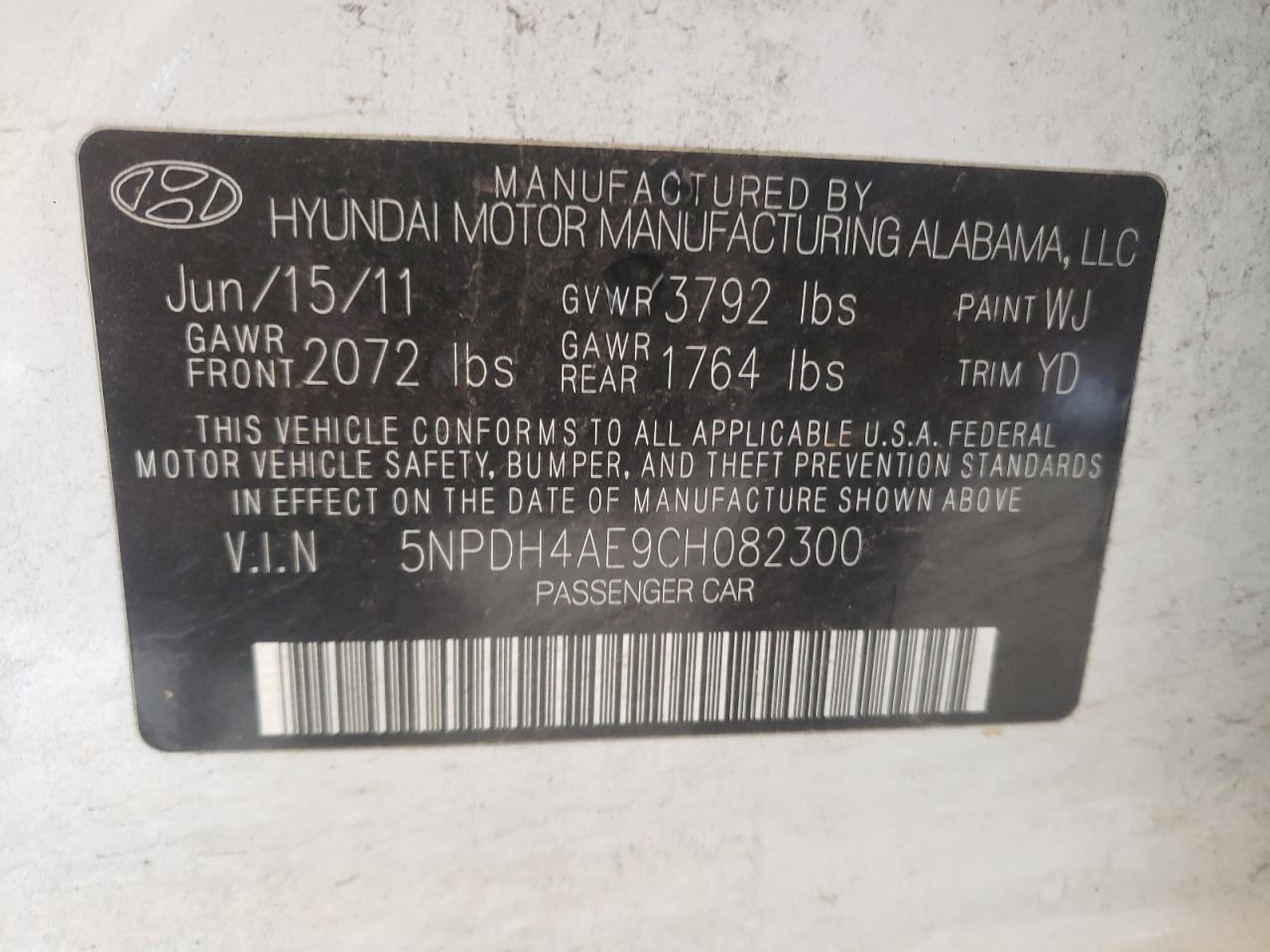Photo 10 from auction – 2012 HYUNDAI ELANTRA GL with VIN 5NPDH4AE9CH082300