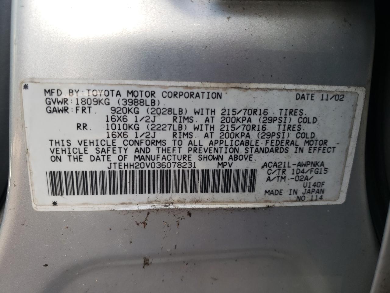 Photo 10 from auction – 2003 TOYOTA RAV4 with VIN JTEHH20V036078231