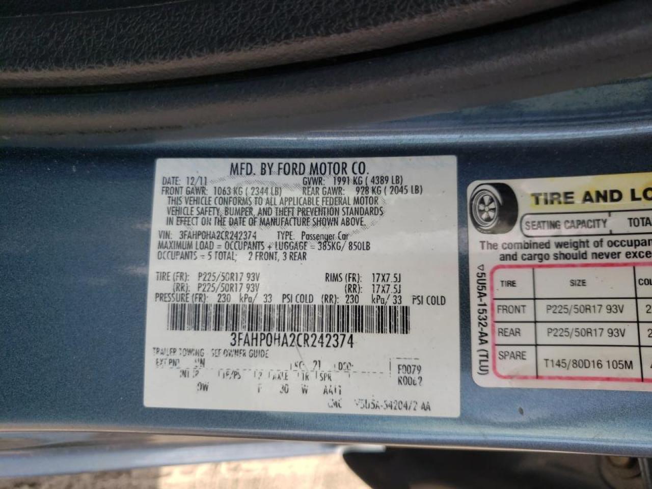 Photo 10 from auction – 2012 FORD FUSION SE with VIN 3FAHP0HA2CR242374